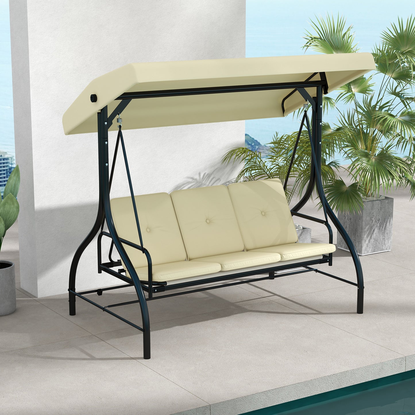 Convertible Patio Swing Bed with Canopy and Cushions, 3 Seater Porch Swing for Outdoor, Backyard, Garden, Beige Kids Crystal