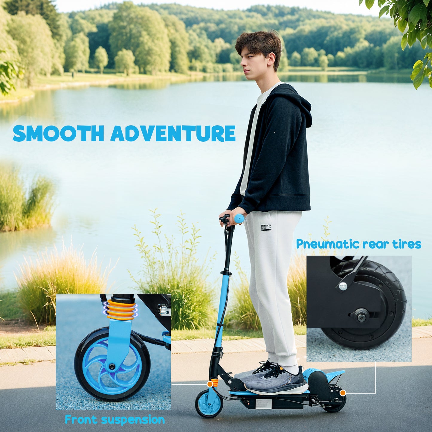 Foldable Electric Scooter for Kids Ages 6-14, with Seat and 2 Adjustable Heights, Max 6km Range & 12km/h, Blue Kids Crystal