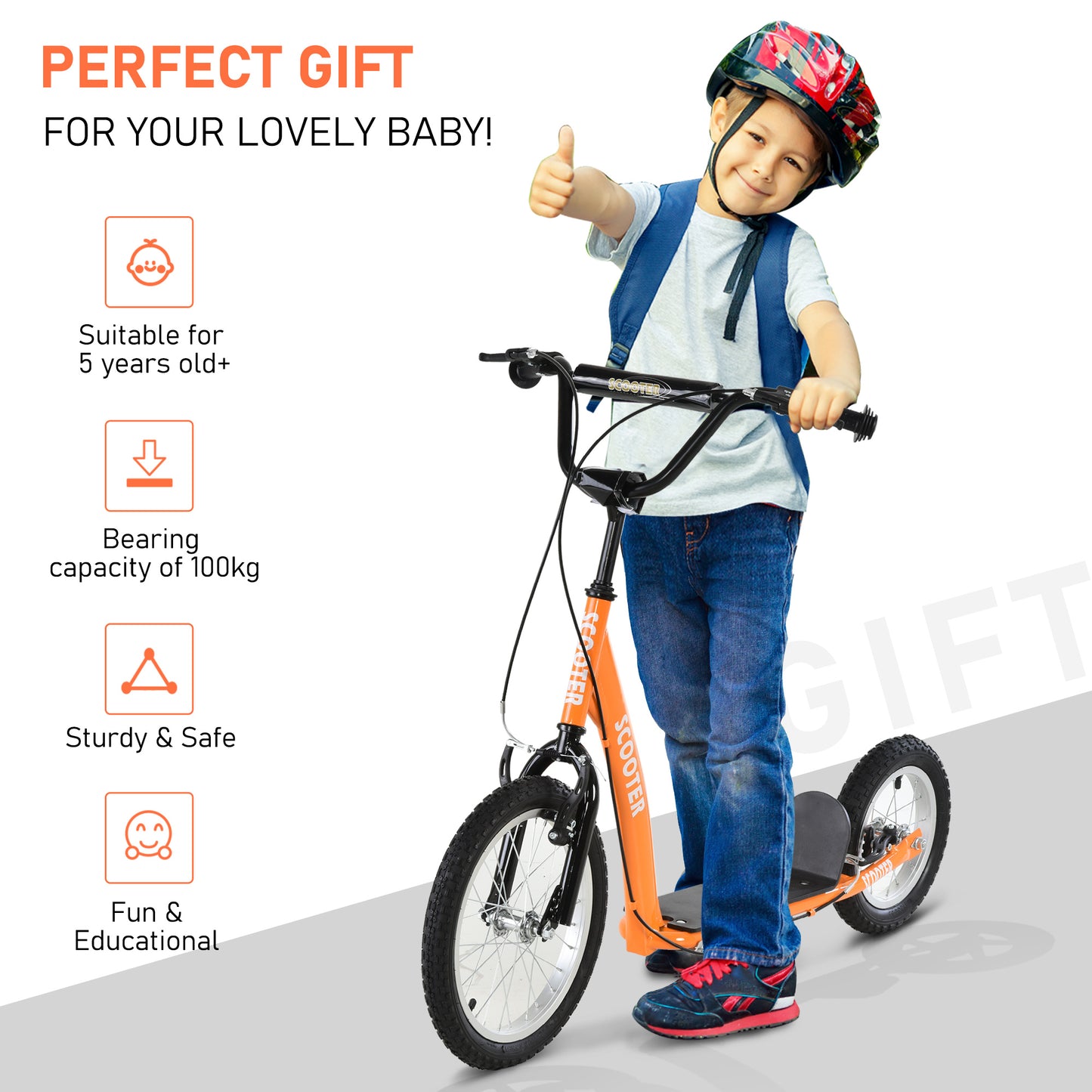 Kids Scooter with Adjustable Handlebar, Youth Kick Scooter with Dual Brakes, Inflatable Wheels, for Age 5+, Orange Kids Crystal