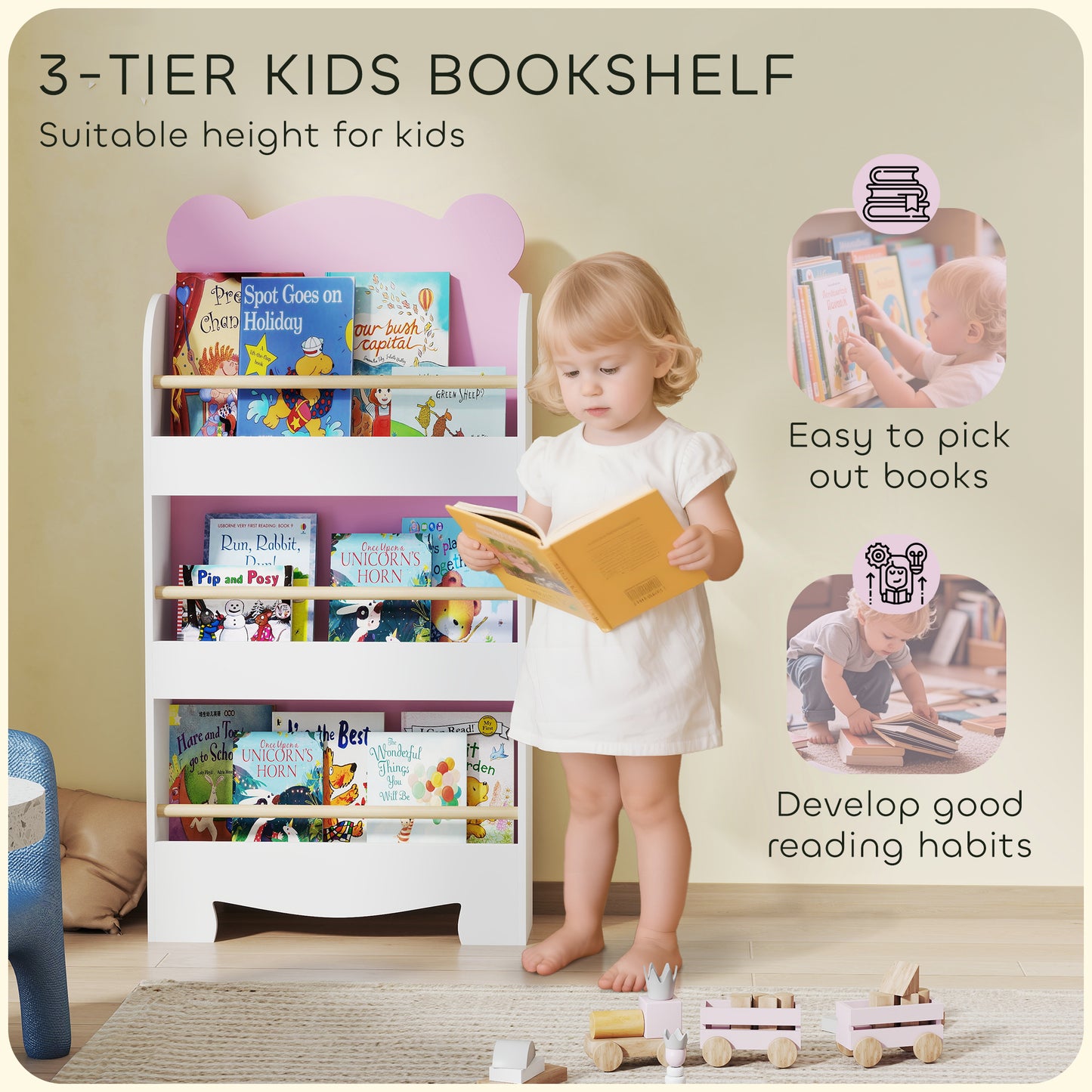 3-Tier Bear Theme Kids Bookshelf with Anti-tipping Device for Living Room, Kids Room, Playroom, Pink