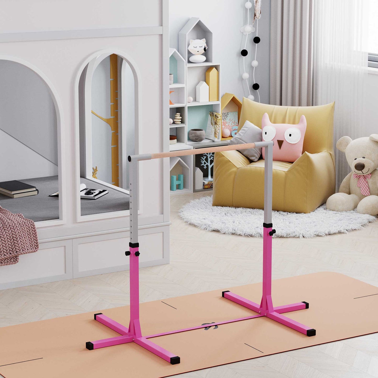 Professional Home Gymnastics Horizontal Bar for Kids Adjustable Home Gym Fitness w/ Steel Frame and Beechwood Kids Crystal