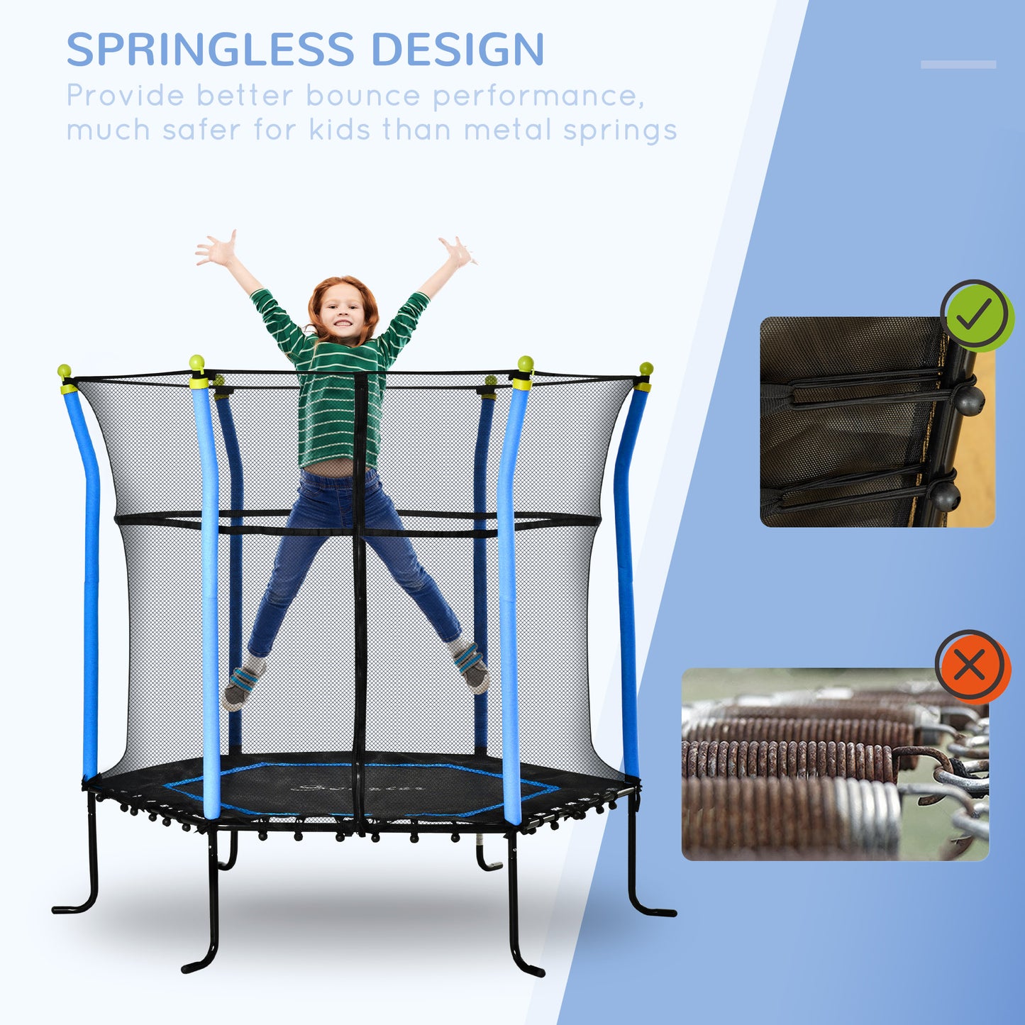 63" Kids Trampoline Mini Indoor/Outdoor Bouncer Jumper Enclosure Net Elastic Thick Padded Pole 3-10 Years Blue Kids Crystal