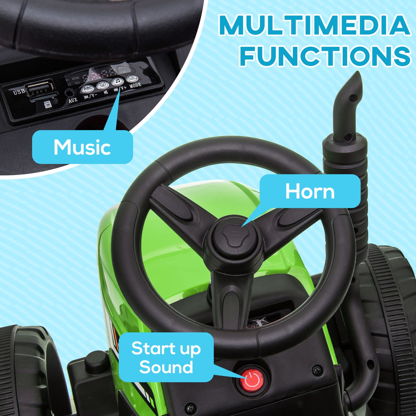12V Electric Tractor for Kids - Ride-On with Trailer, Battery Powered, Remote Control, Music, Start-Up Sound & Horn, Green Kids Crystal
