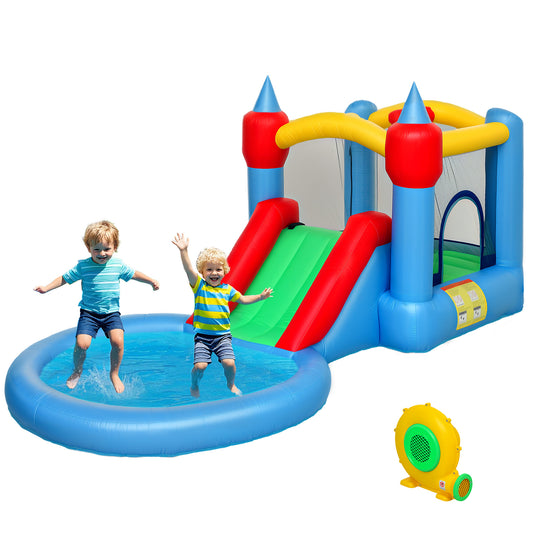 4 in 1 Inflatable Bounce House with Slide, Basketball Hoop, Ball Pit, Blower, Storage Bag, 163" x 81" x 75" Kids Crystal