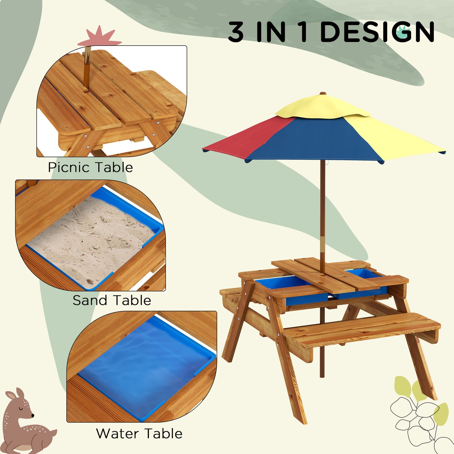 Toddler Water Table Kids Sand & Water Table with Removable Foldable Umbrella for Patio Lawn Garden, Aged 3-6 Years Old