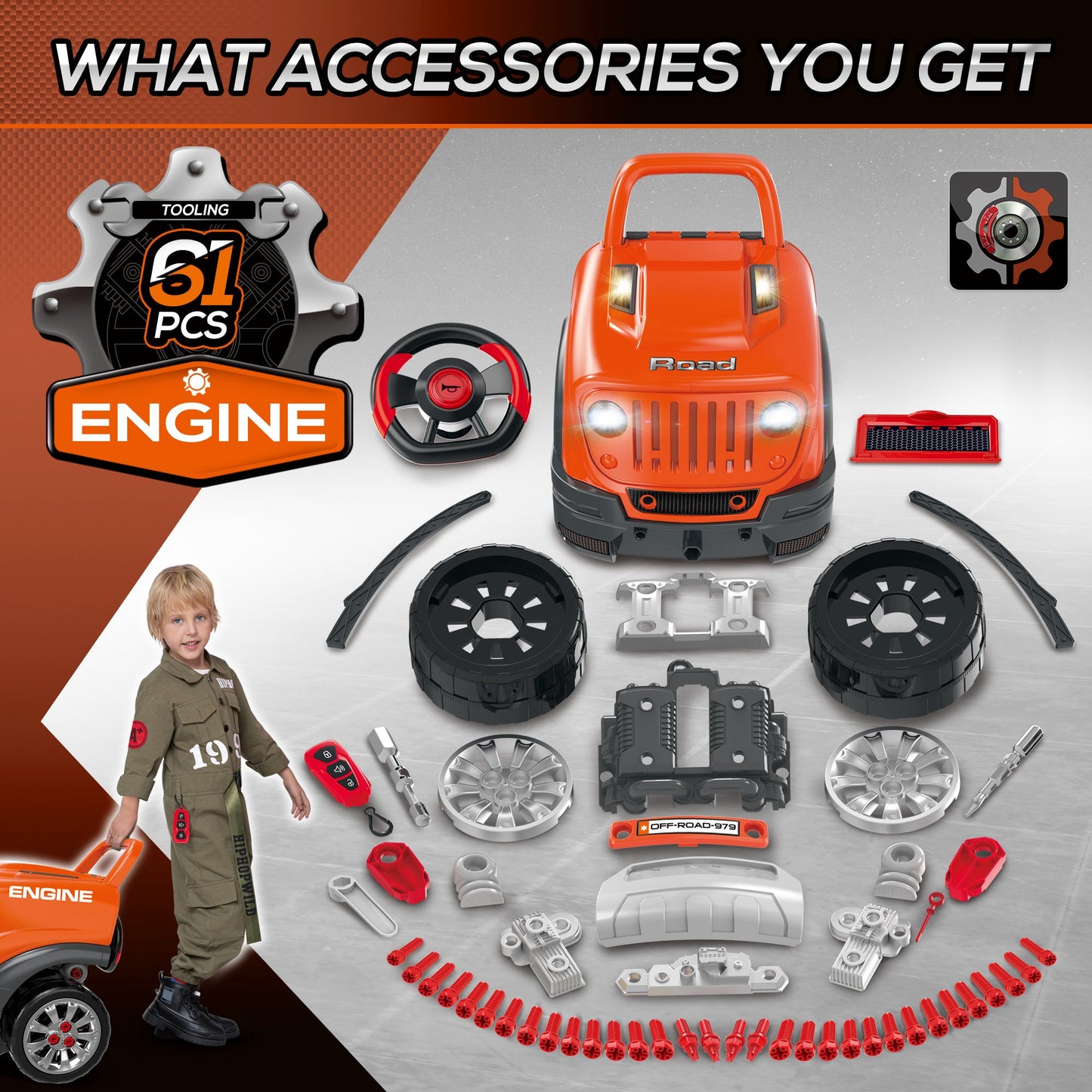 Mechanic's Delight: Educational Kids Truck Engine Toy Set, Car Service Station Playset with Steering Wheel, RC Car Key, Orange Kids Crystal