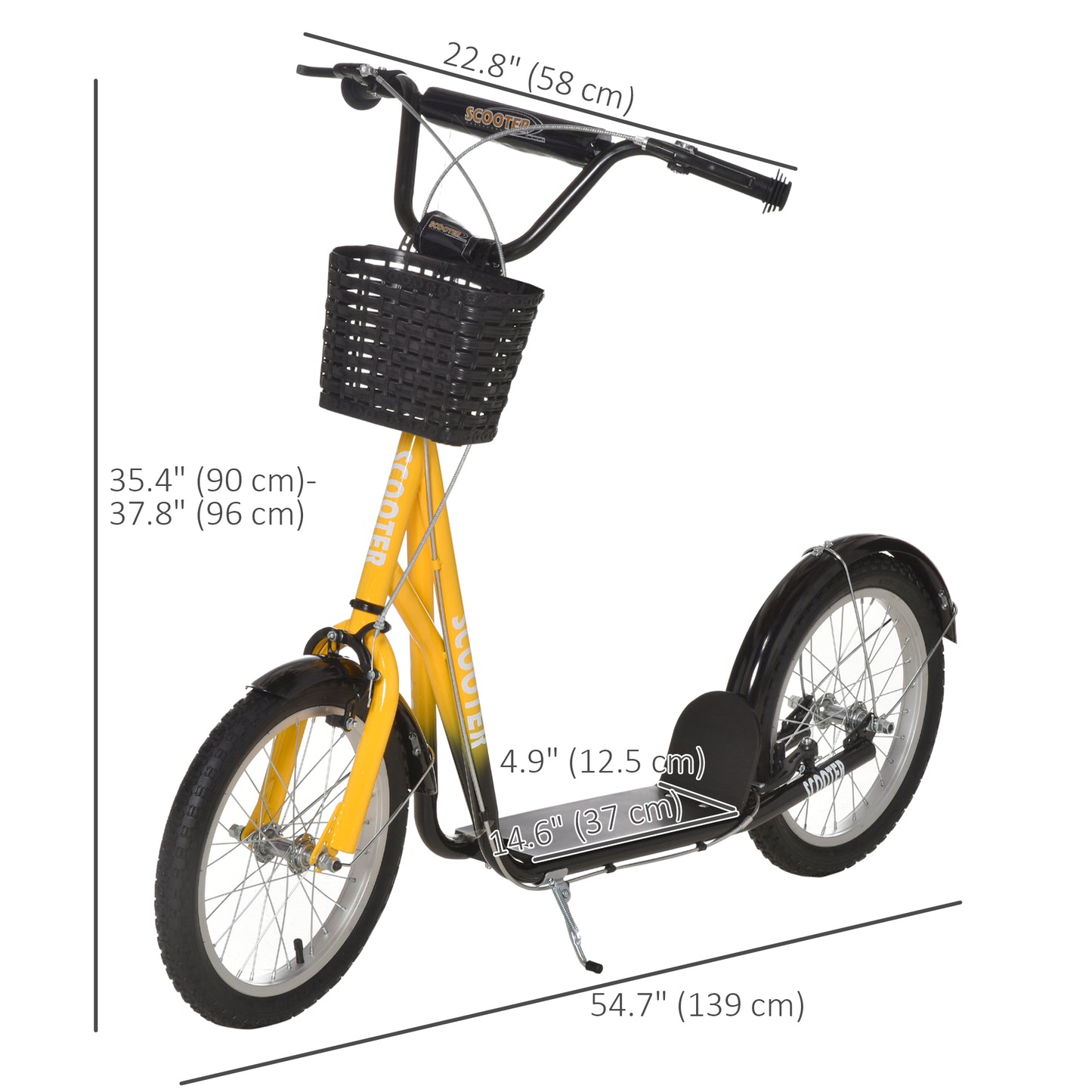 Kick Scooter with Adjustable Handlebar, Kids Scooter with 2 Brakes Basket Cupholder 16" Inflatable Rubber Tyres Orange Kids Crystal