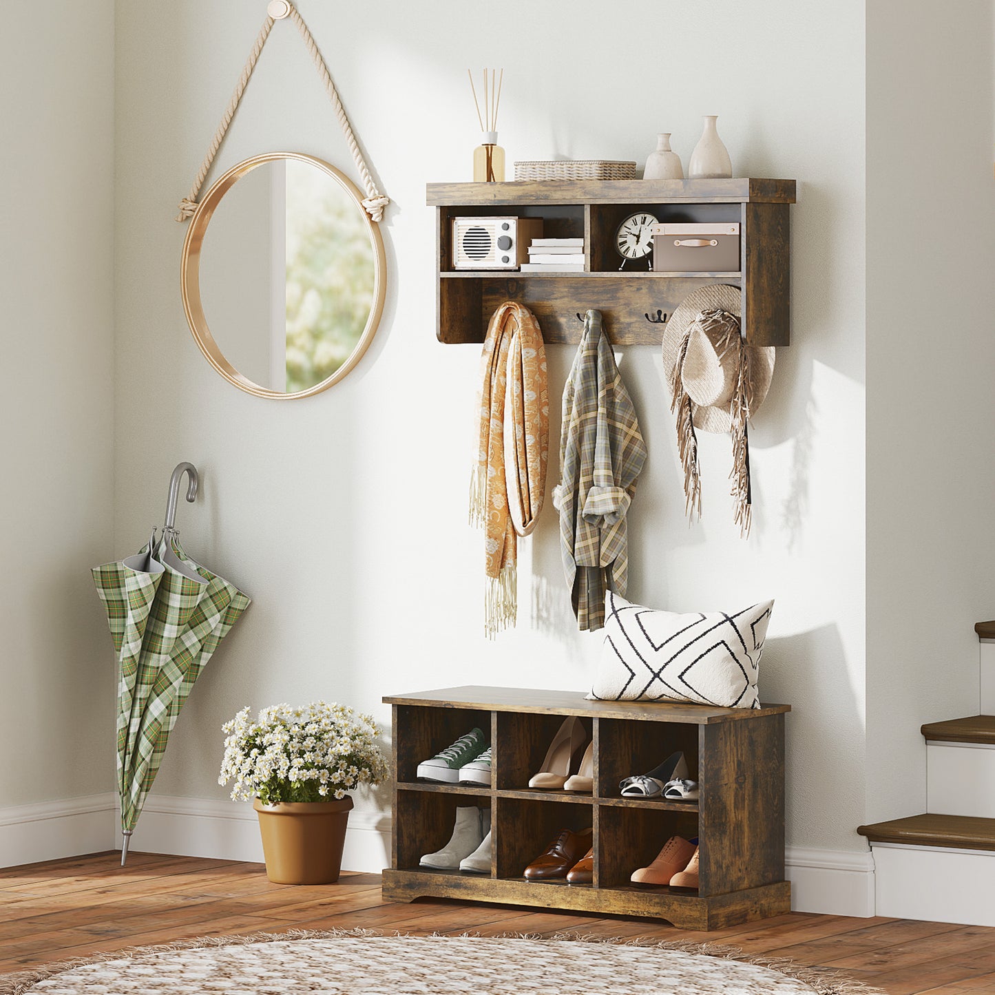 Coat Rack Shoe Bench Set, Entryway Shoe Bench with 8 Storage Cubbies, 4 Hooks for Hallway, Living Room, Rustic Brown