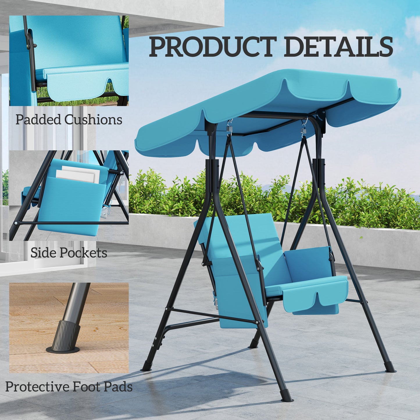 1-Seat Outdoor Porch Swing Patio Swing with Adjustable Canopy, Removable Seat and Back Cushion for Garden, Poolside