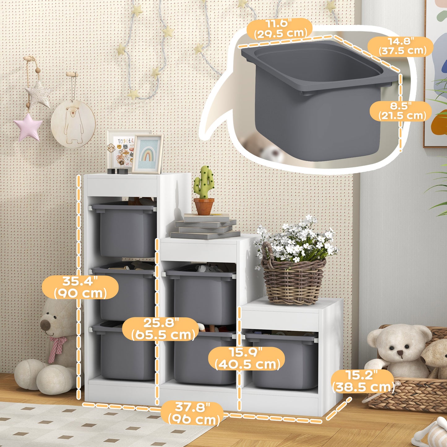 3 Layers Toy Storage Organizer Kids Bookshelf Children Toy Storage w/ 6 Plastic Bins, White