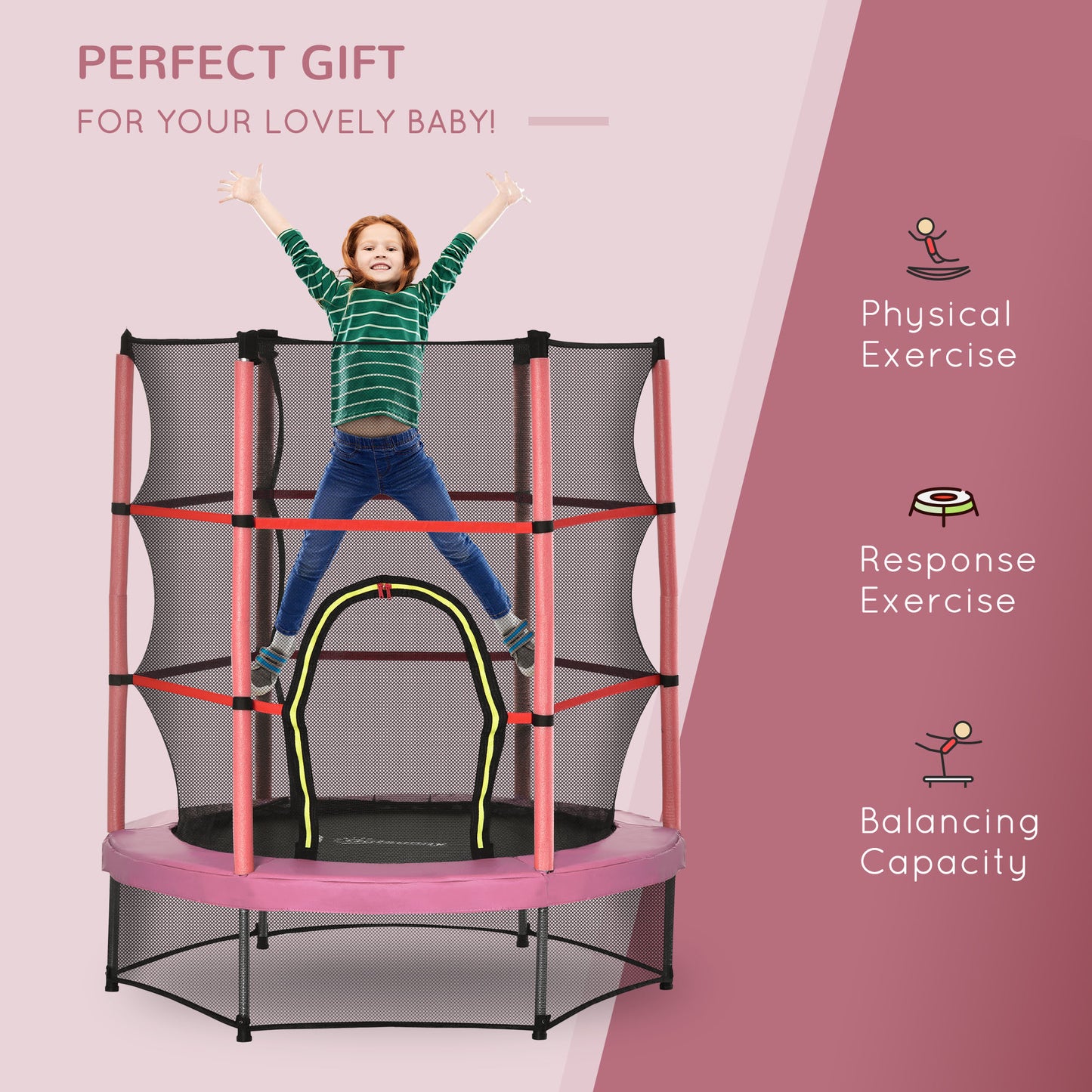55" Kids Trampoline with Enclosure Net for Indoor/Outdoor, Trampoline for Boys and Girls Age 3-6 Years, Pink Kids Crystal