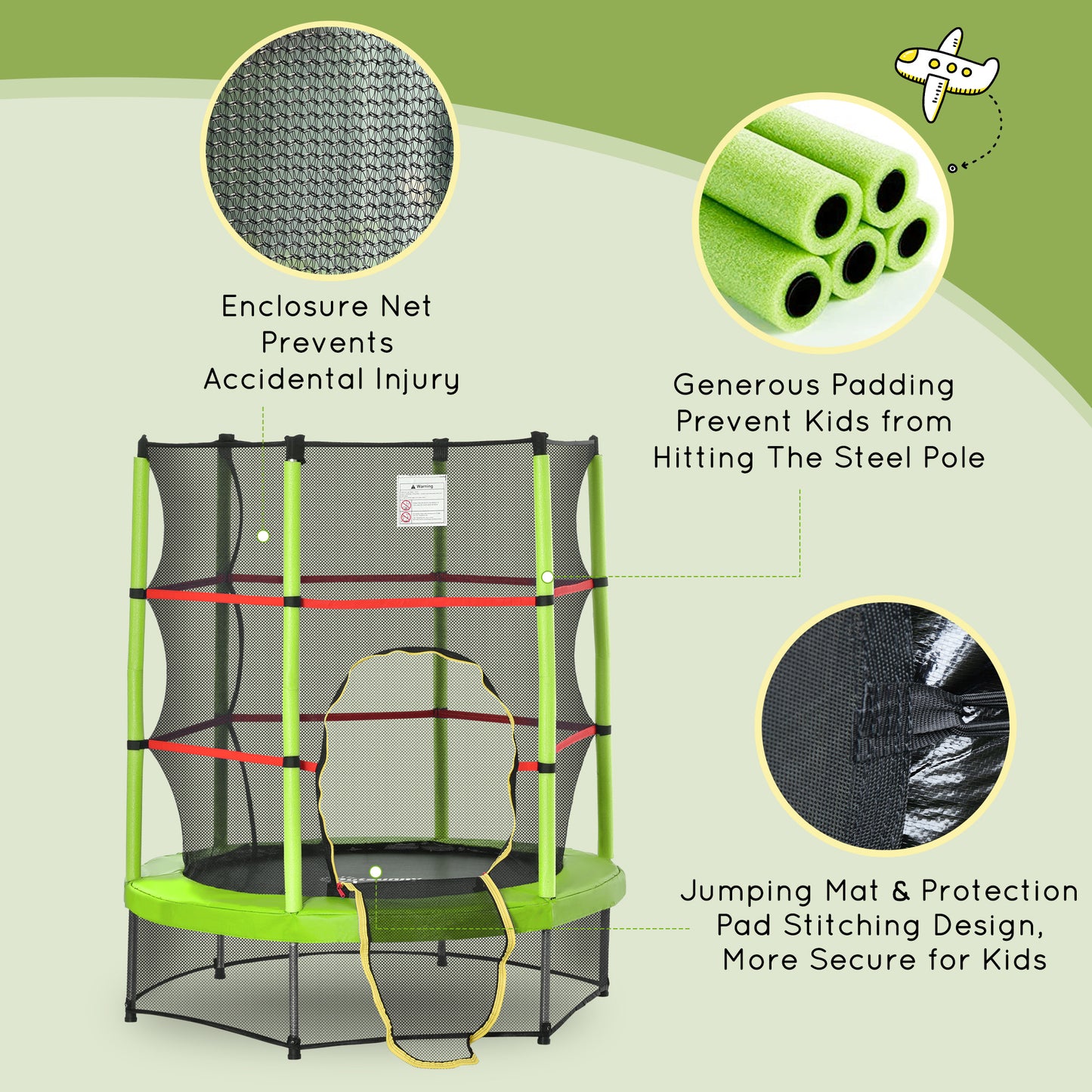 Kids Trampoline: ?55" Round, Safety Net, Indoor Bouncer, 3-6 Years, Steel Frame, Green Kids Crystal