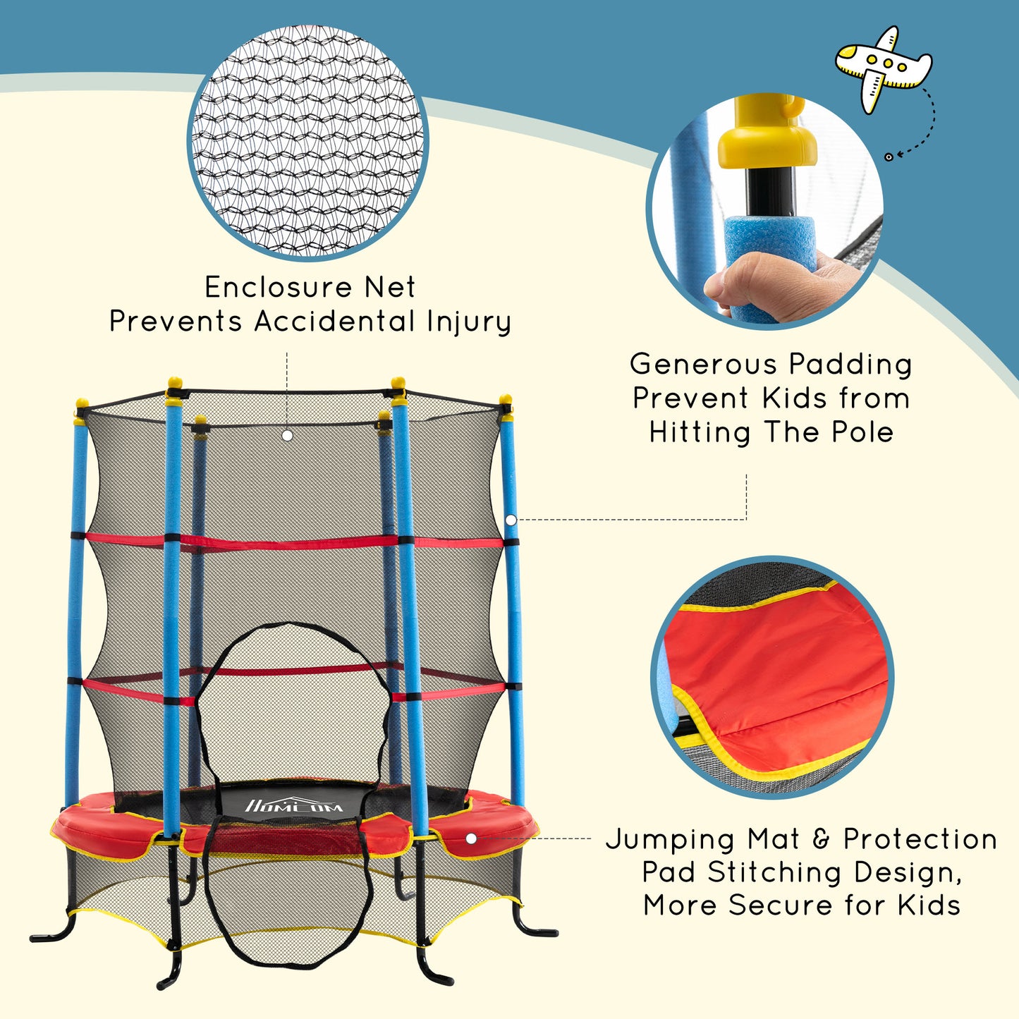 65" Kids Mini Trampoline Safety Enclosure Net Zipper Pad Indoor Outdoor Bouncer Exercise Toy 3-6 Years Kids Crystal