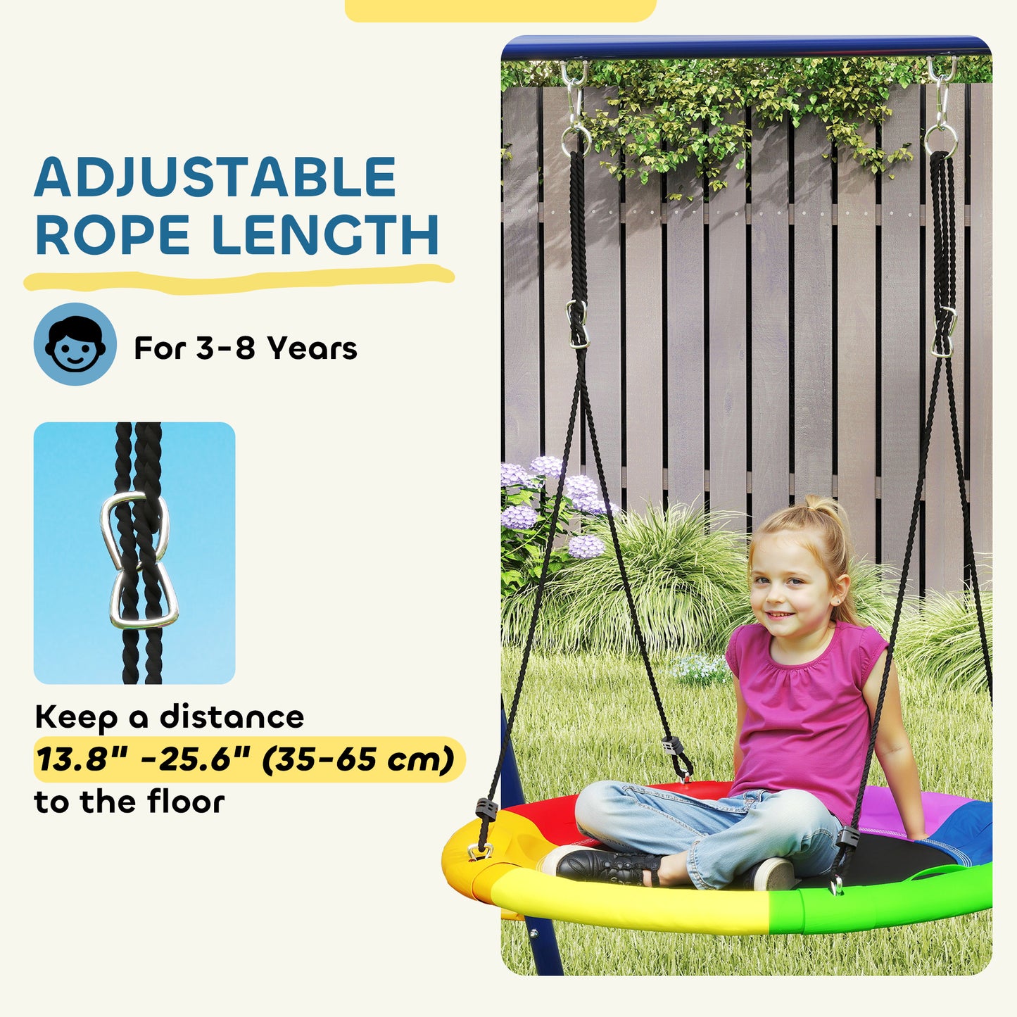 6 in 1 Kids Swing Set with 1 Saucer Swing, 1 Belt Swing, 1 Disc Rope Swing, Climbing Ladder and Net, Basketball Hoop Kids Crystal