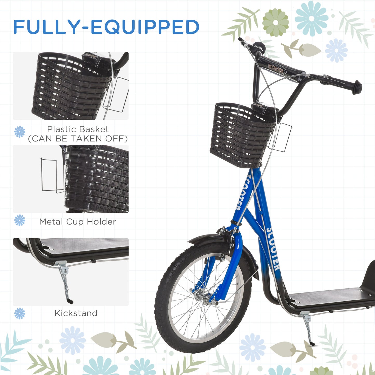 Youth Scooter Durable Kick Scooter for Kids Teens with Adjustable Handlebar Dual Brakes Basket Cupholder Mudguard Kids Crystal