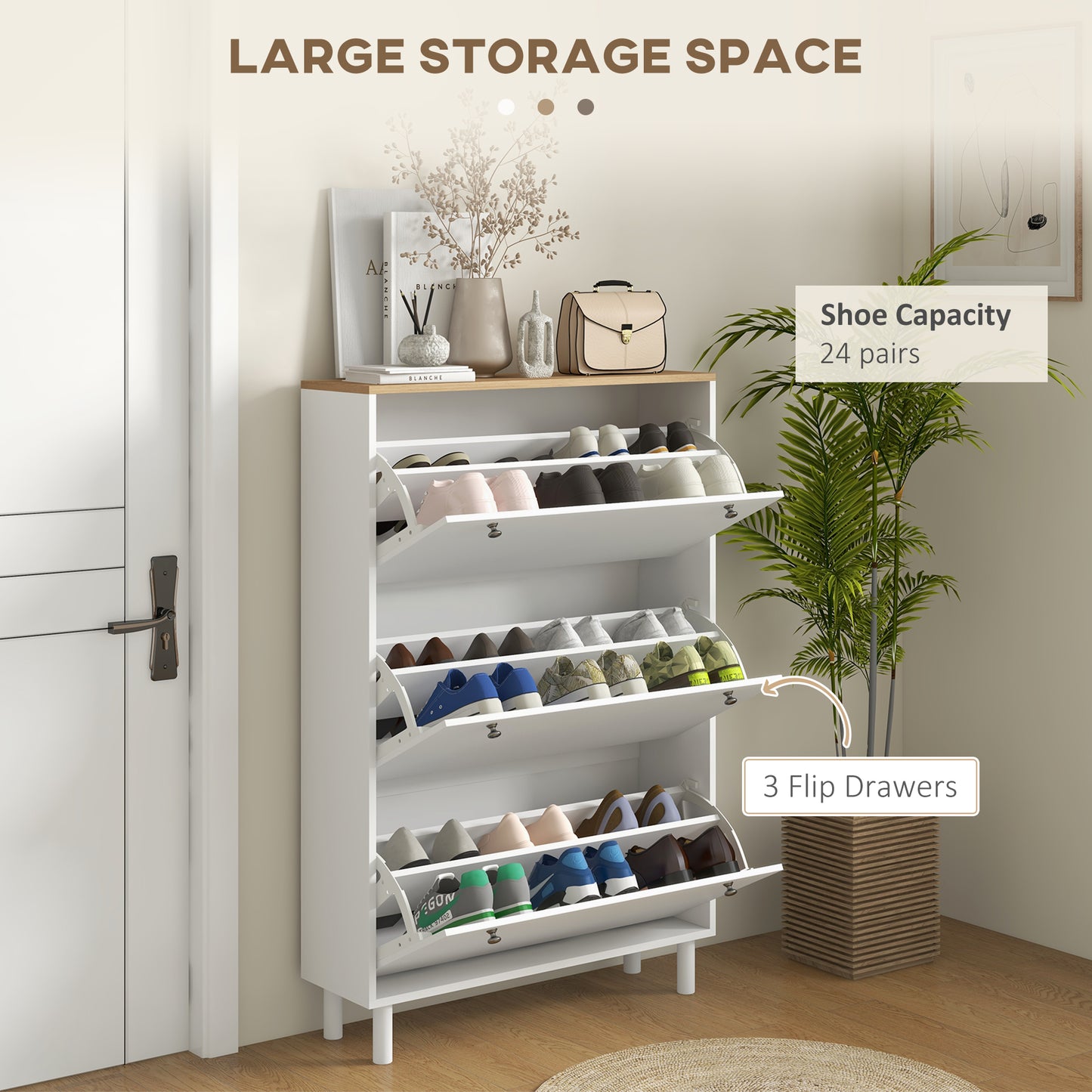 Narrow Shoe Storage Cabinet 3 Flip Drawers Adjustable Shelves Organizer for 24 Pairs White Kids Crystal