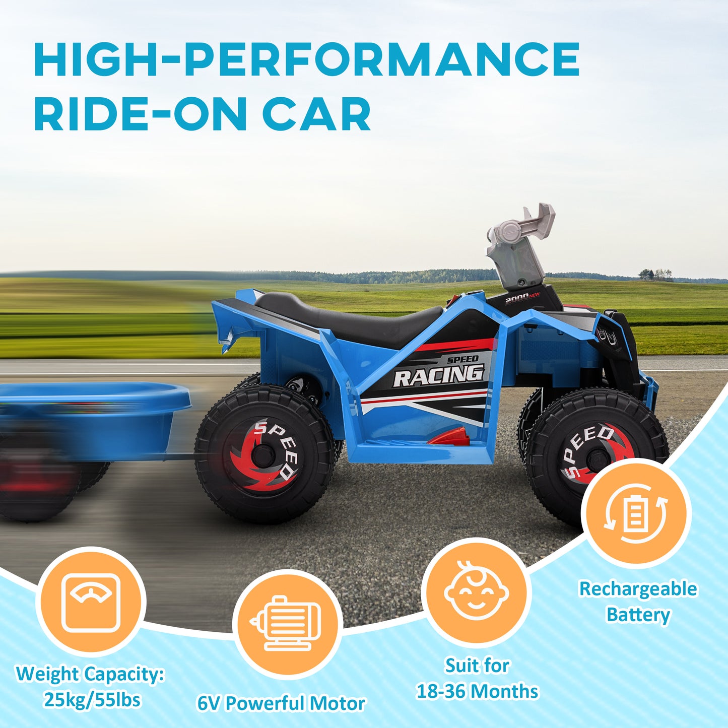 6V Kids ATV Quad Battery Powered Electric Vehicle Back Trailer Wear-resistant Wheels Boys Girls Blue Toy Kids Crystal