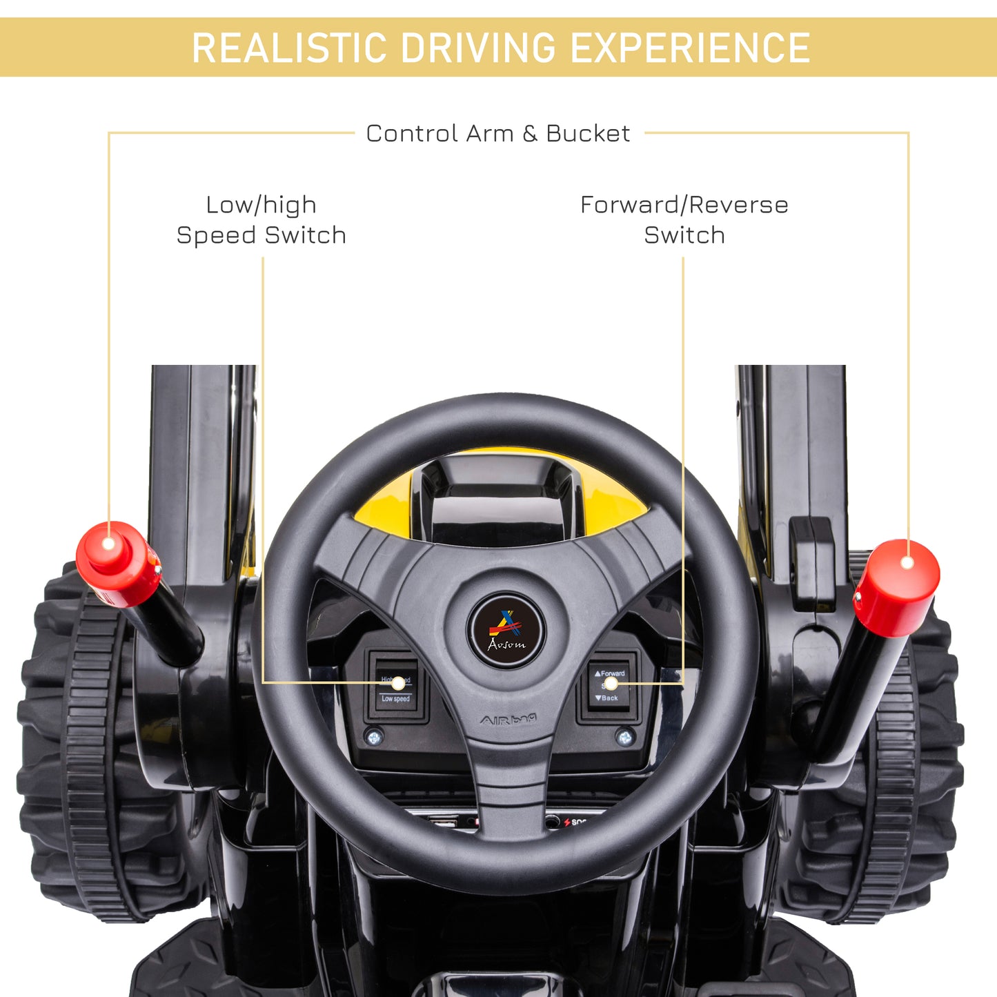 6V Kids Digger Ride On Excavator Battery Powered Construction Tractor Music Headlight Yellow Kids Crystal