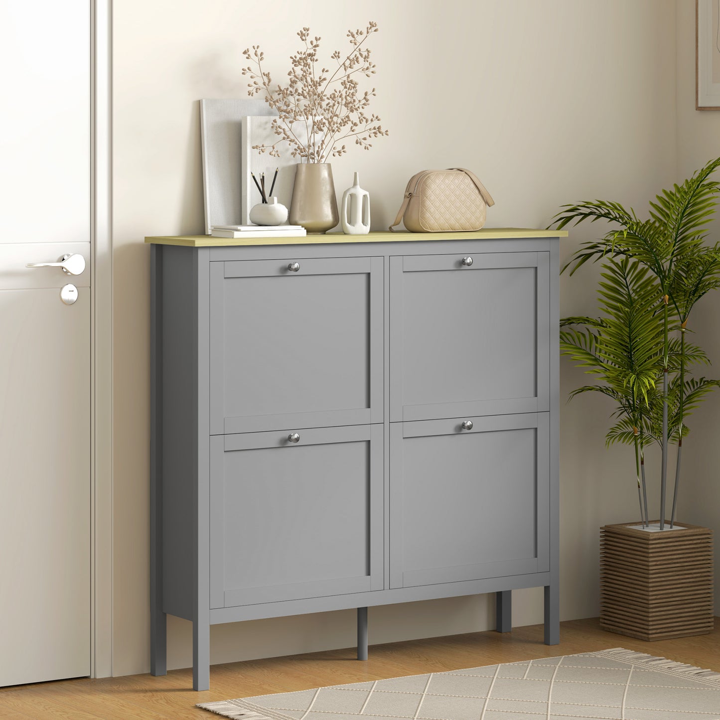 Entryway Shoe Storage Cabinet with 4 Flip Drawers, Adjustable Shelves, Narrow Shoe Cabinet for 20 Pairs of Shoes, Grey Kids Crystal