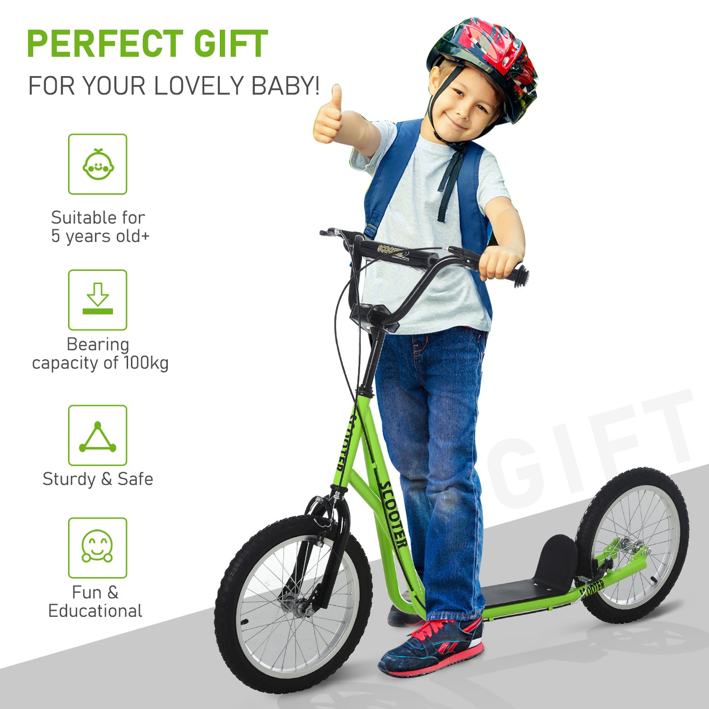 Kids Kick Scooter for 5+ Year Old, Kids Ride on Toy w/ 16" Inflatable Wheel Dual Brakes, Green Kids Crystal