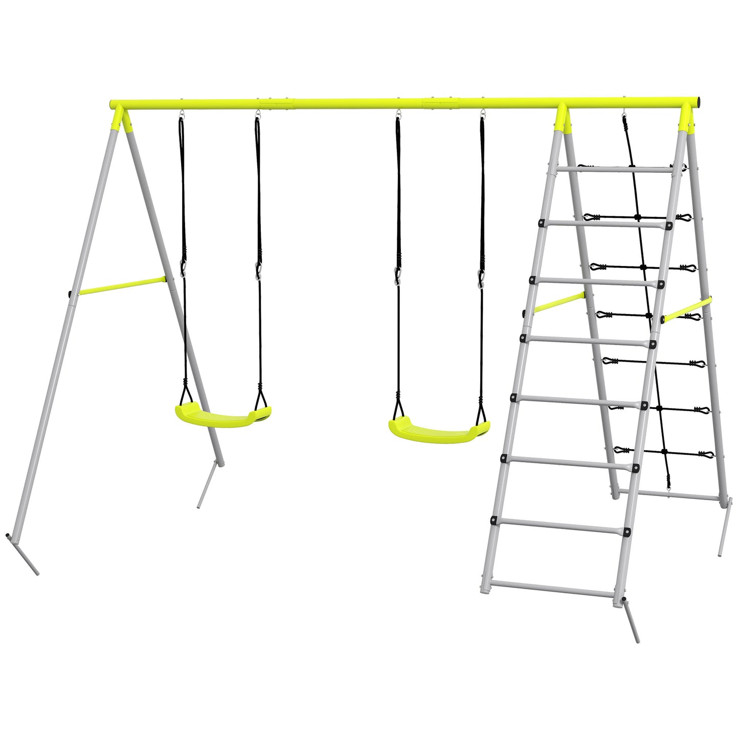 4-in-1 Metal Swing Set Double Swings Climber Climbing Net Kids Toddlers Backyard Outdoor Playground Kids Crystal