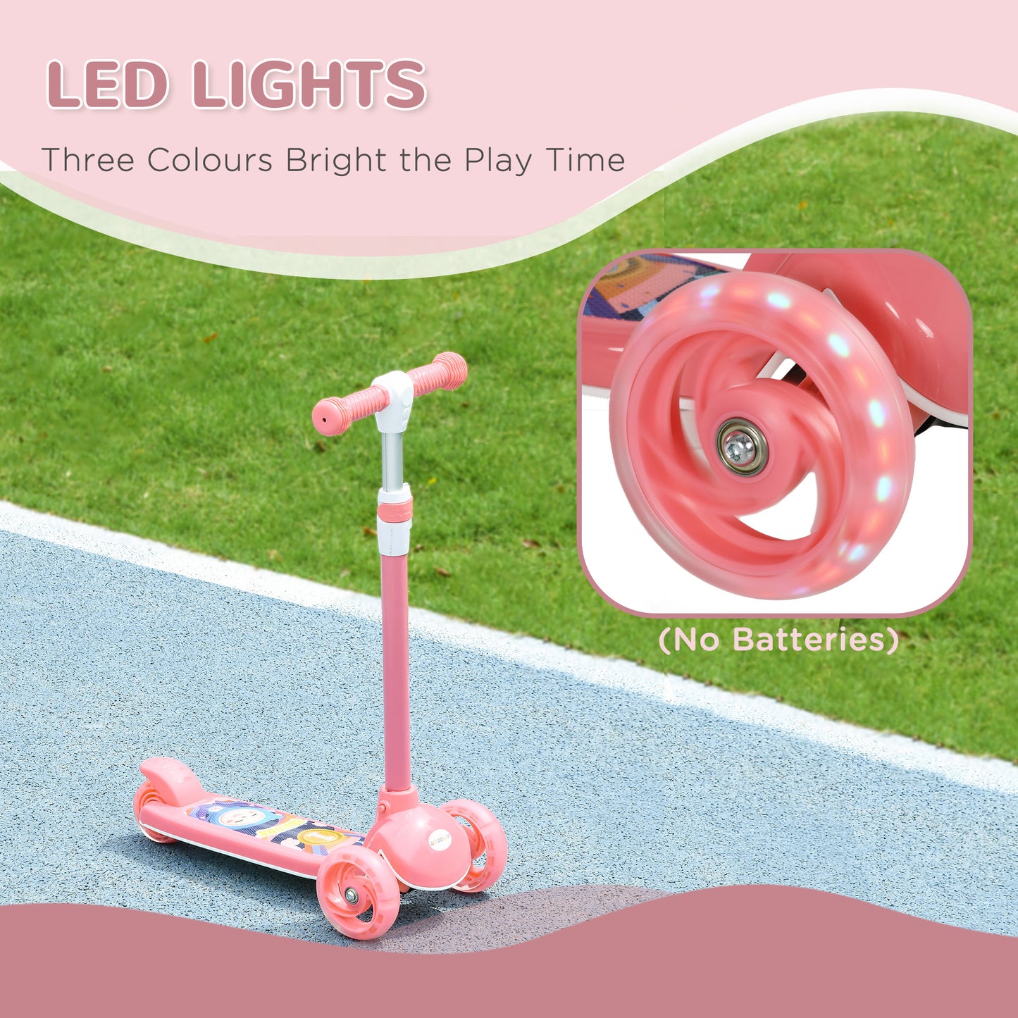 3 Wheel Kids Scooter, Toddler Kick Scooter with Adjustable Height, Rear-Fender Brake, LED Light, TPE Handlebar, Pink Kids Crystal