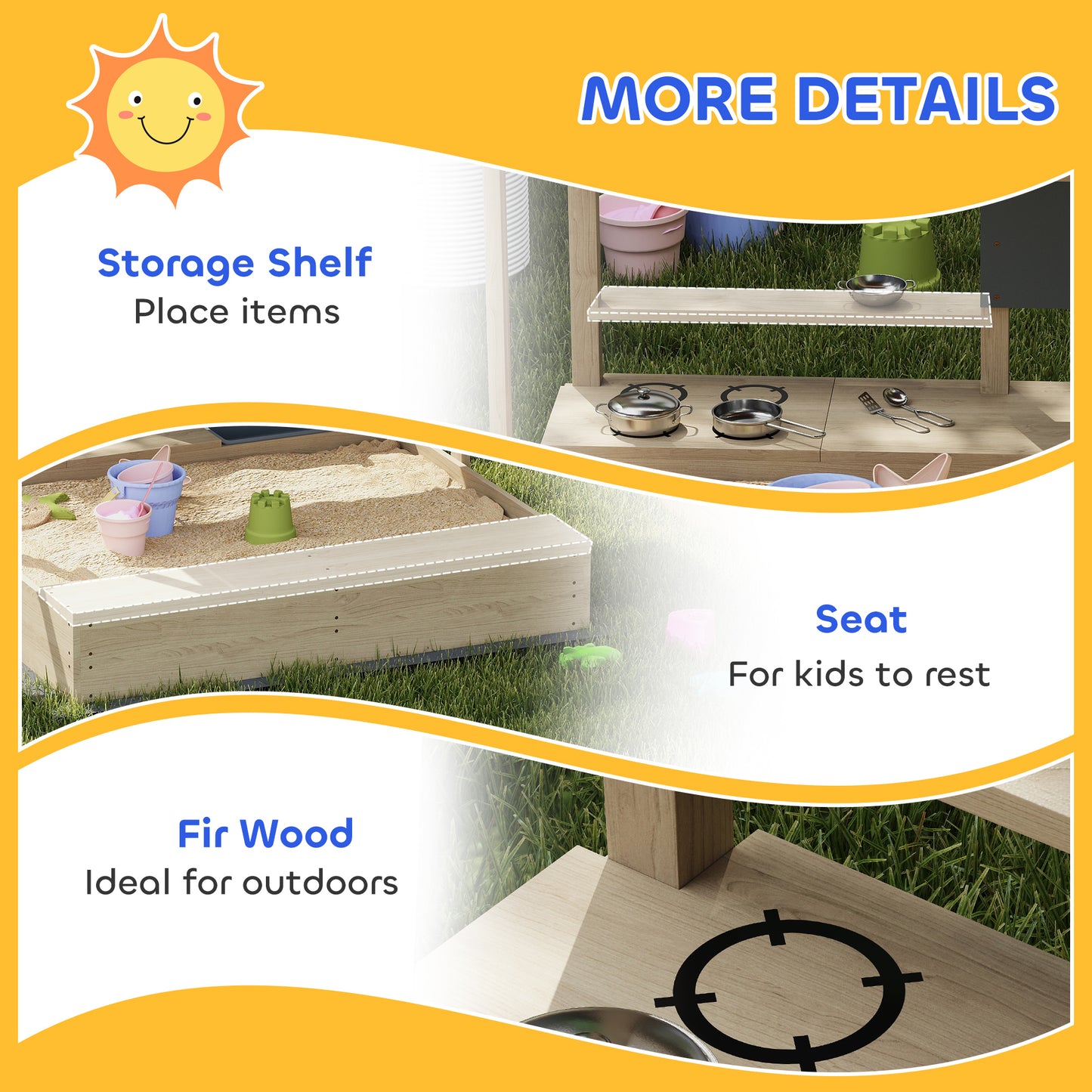 Kids Sandbox with Cover Kitchen Playset Toys, Wooden Sand Box with Seat, Storage, for 3-7 Years Old, Natural Wood Kids Crystal
