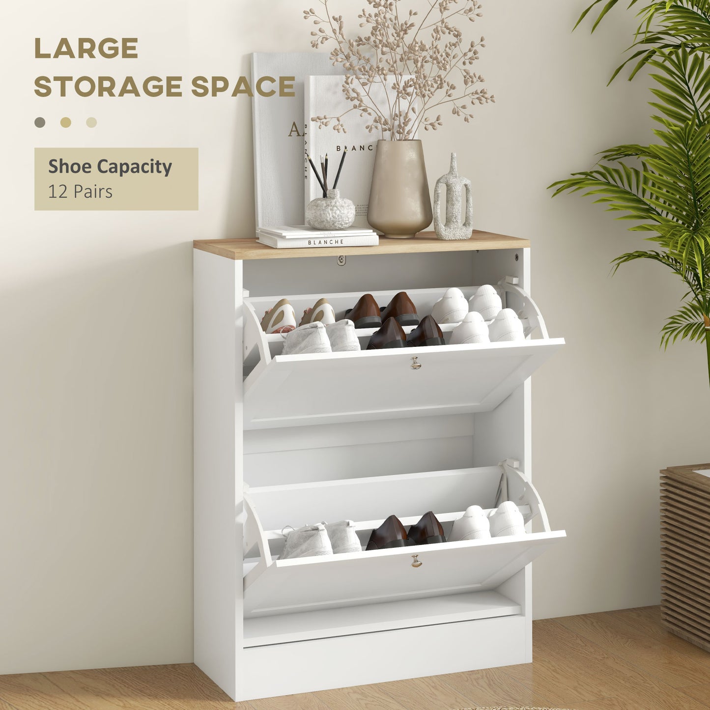 Slim Shoe Storage Cabinet, Modern Shoe Cabinet with 2 Flip Drawers and Adjustable Shelves for 12 Pairs, White Kids Crystal