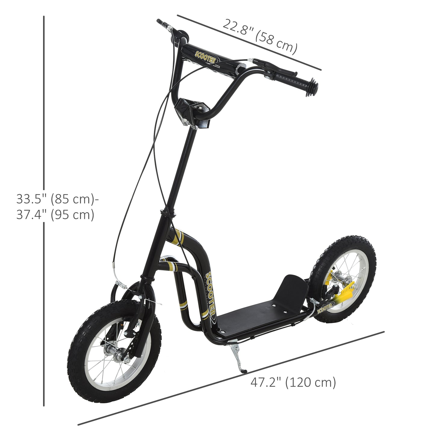 Dual Brakes Kick Scooter 12-Inch Inflatable Front Wheel Ride On Toy for Age 5+, Black Kids Crystal