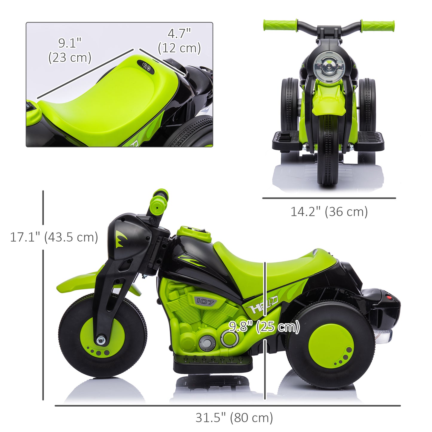 Electric Motorcycle for Kids, 6V Ride on Bubble Car with LED Headlight, Music, Pedal, for 2-5 Years Green Kids Crystal