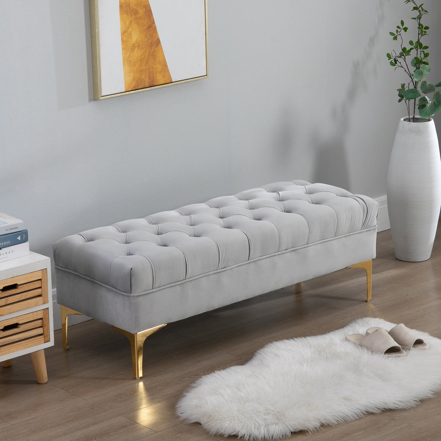 Button-Tufted Elegance: Modern Ottoman Bench with Entryway Shoe Storage for Living Room, Bedroom, Hallway, Grey Kids Crystal