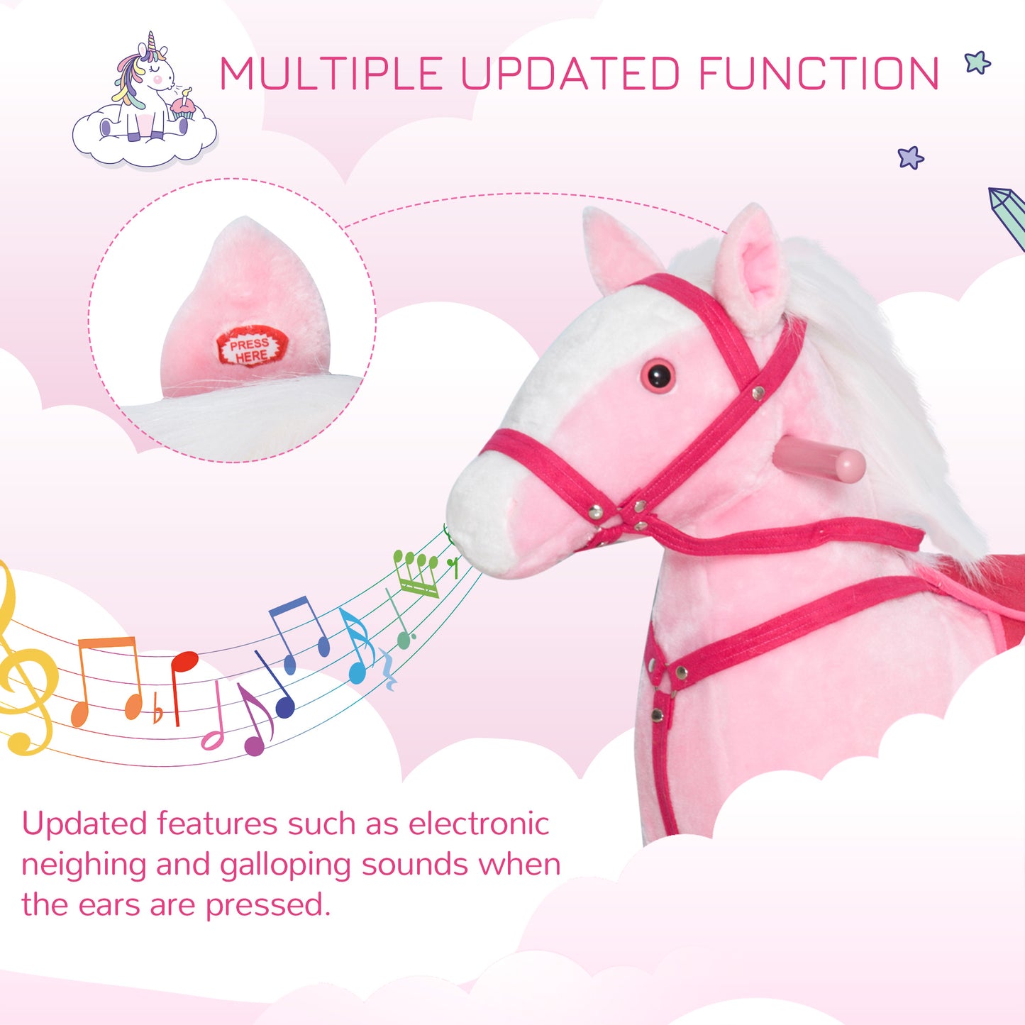 Rocking Plush Horse Poney Pony Children Kid Ride on Toy w/ Realistic Sound (Light Pink) Kids Crystal