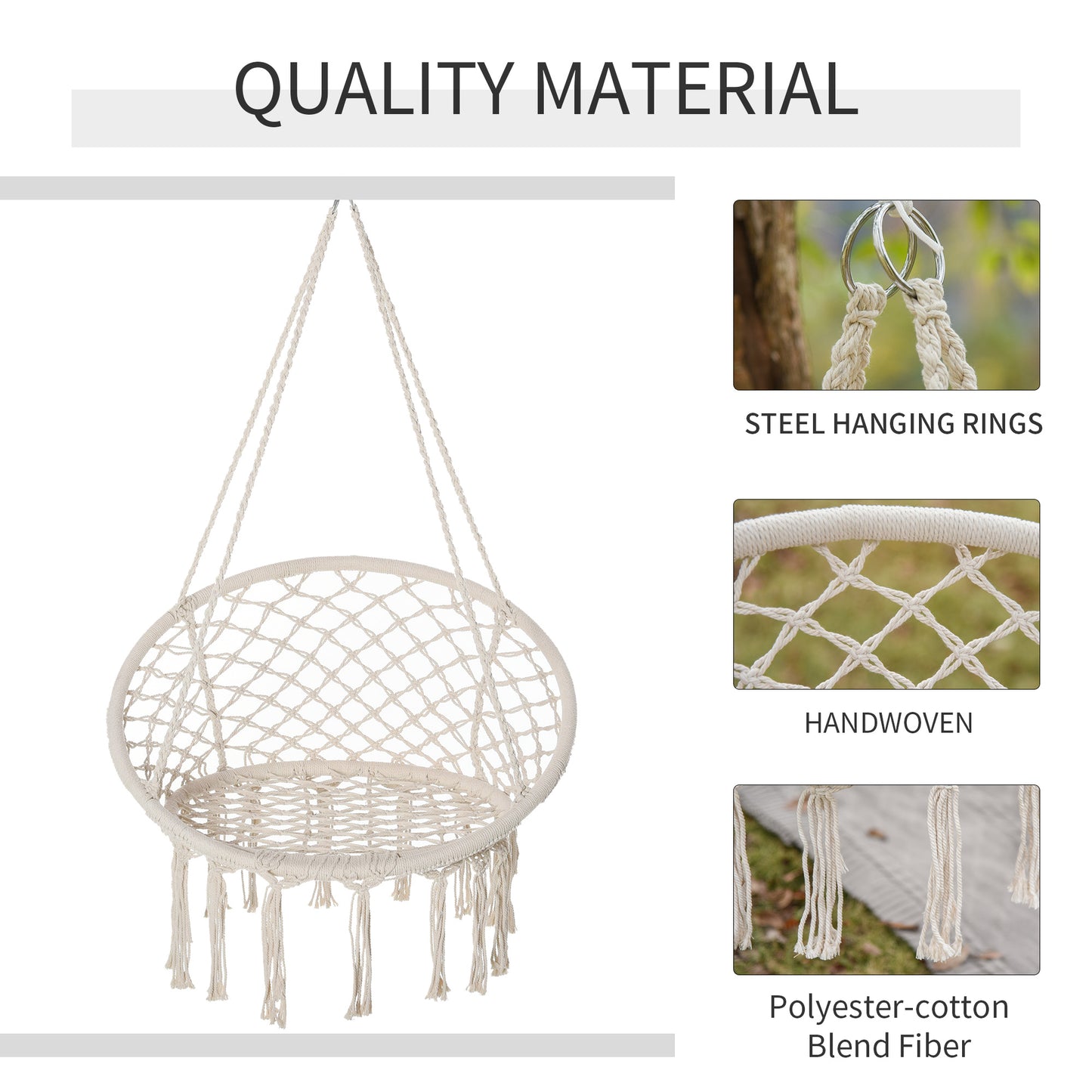 Hammock Chair Hanging Rope Swing Indoor Outdoor Backrest Cotton Polyester Fringe Tassels Cream White Kids Crystal