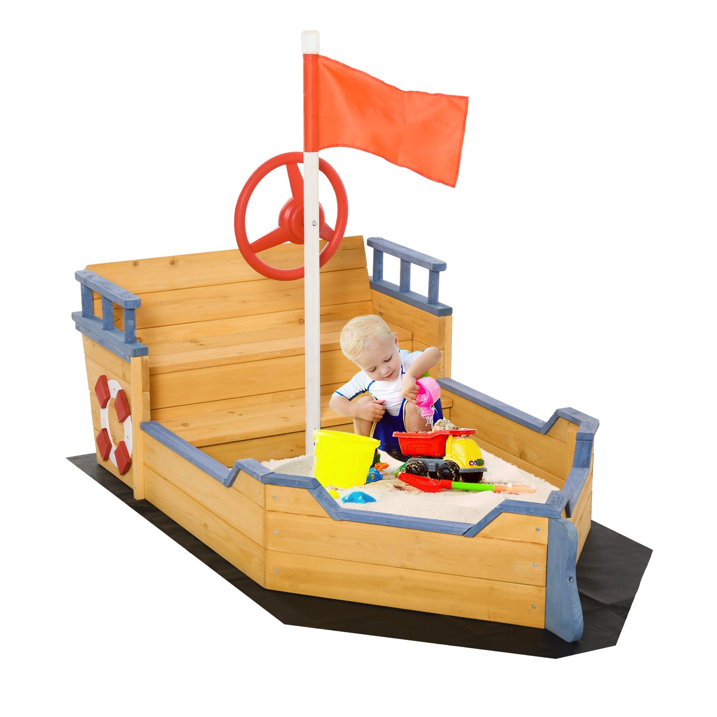 Pirate Ship Sandbox Wooden Outdoor Playset for Kids Backyard Play Station Bench Seat Storage Flag Kids Crystal
