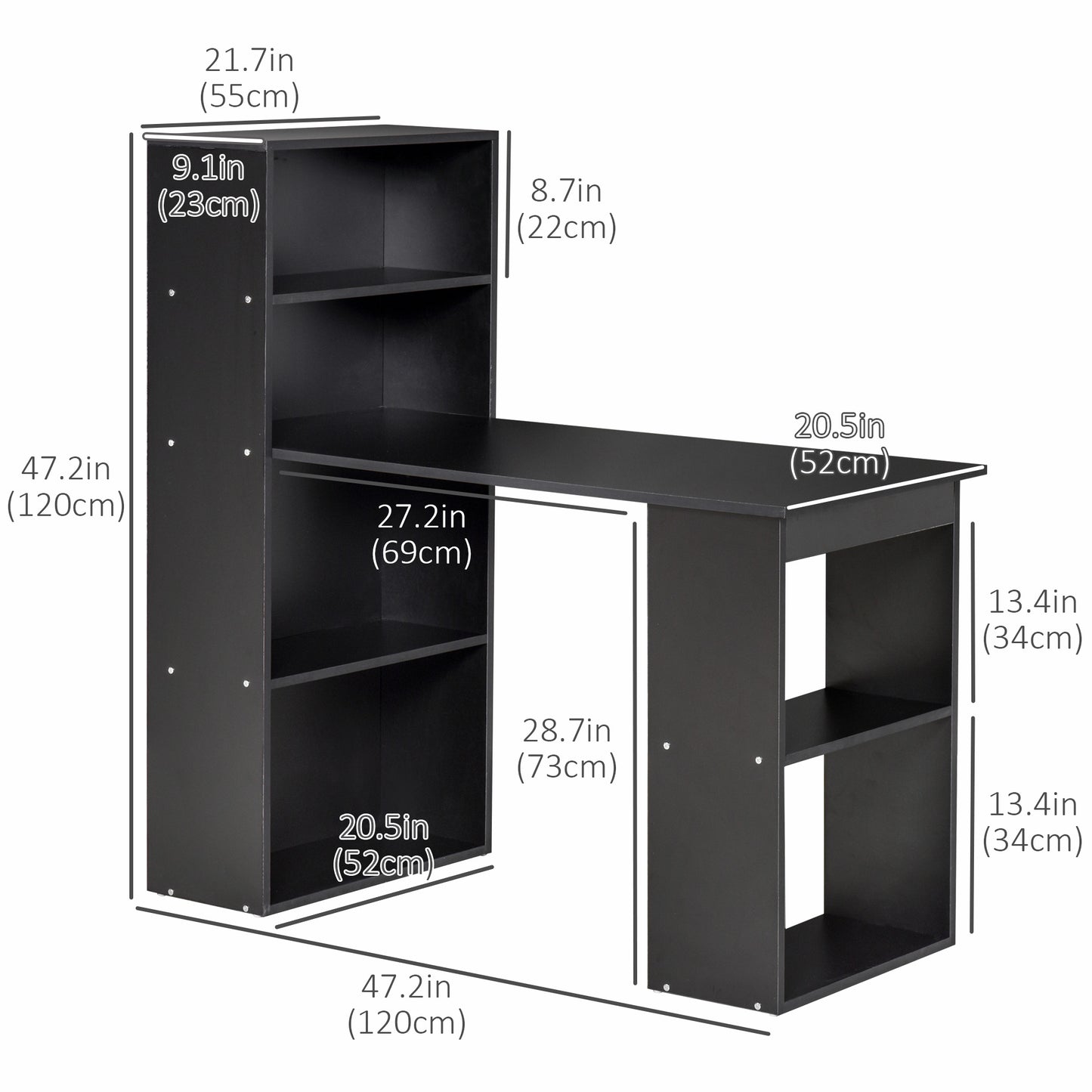 Modern Compact Computer Desk: 6-Tier Storage Shelves, Writing Table Workstation, Bookshelf, Home Office, Black Kids Crystal