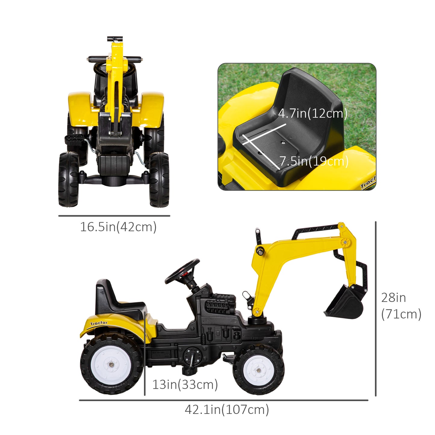 Kids Ride on Excavator, Pedal Excavator Ride on Toy, Pretend Play Ride on Tractor for Kids & Toddlers, Yellow Kids Crystal