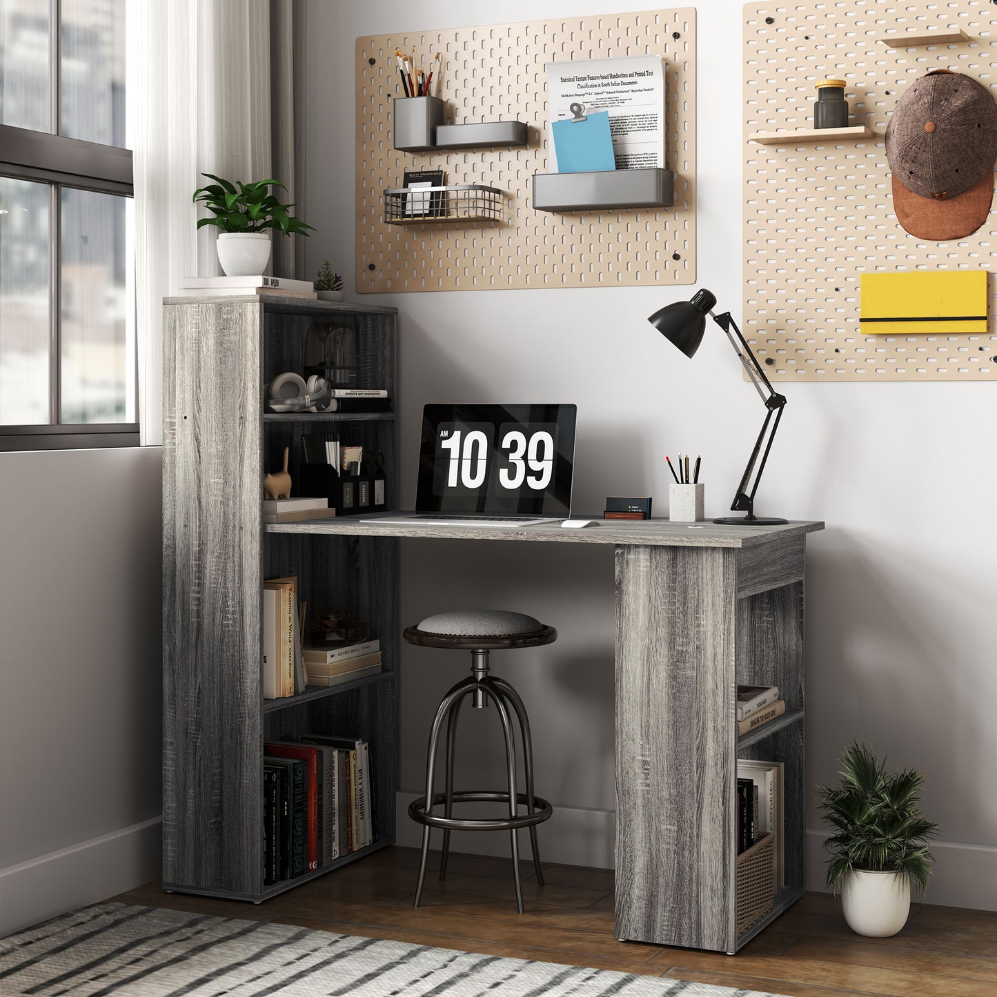 Computer Desk with Storage Bookshelf for Home Office Study Workstation Space Saving Furniture Grey Kids Crystal