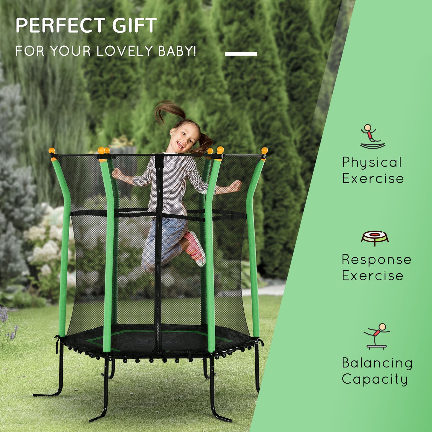 64" Kids Trampoline Indoor/Outdoo with Enclosure Net Elastic Thick Padded Pole Gift for Ages 3-10 Years Old Green Kids Crystal