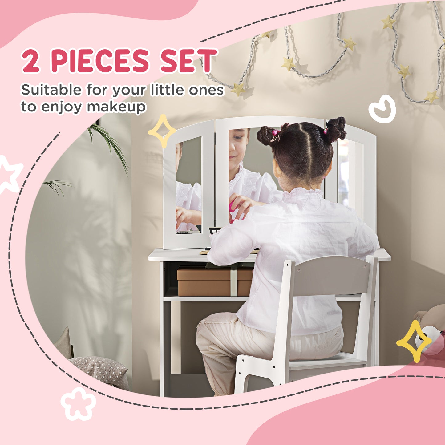 2 in 1 Kids Vanity Set Makeup Dressing Table Pretend Play Set with Tri-Folding Mirror, Stool, Storage Shelf Kids Crystal