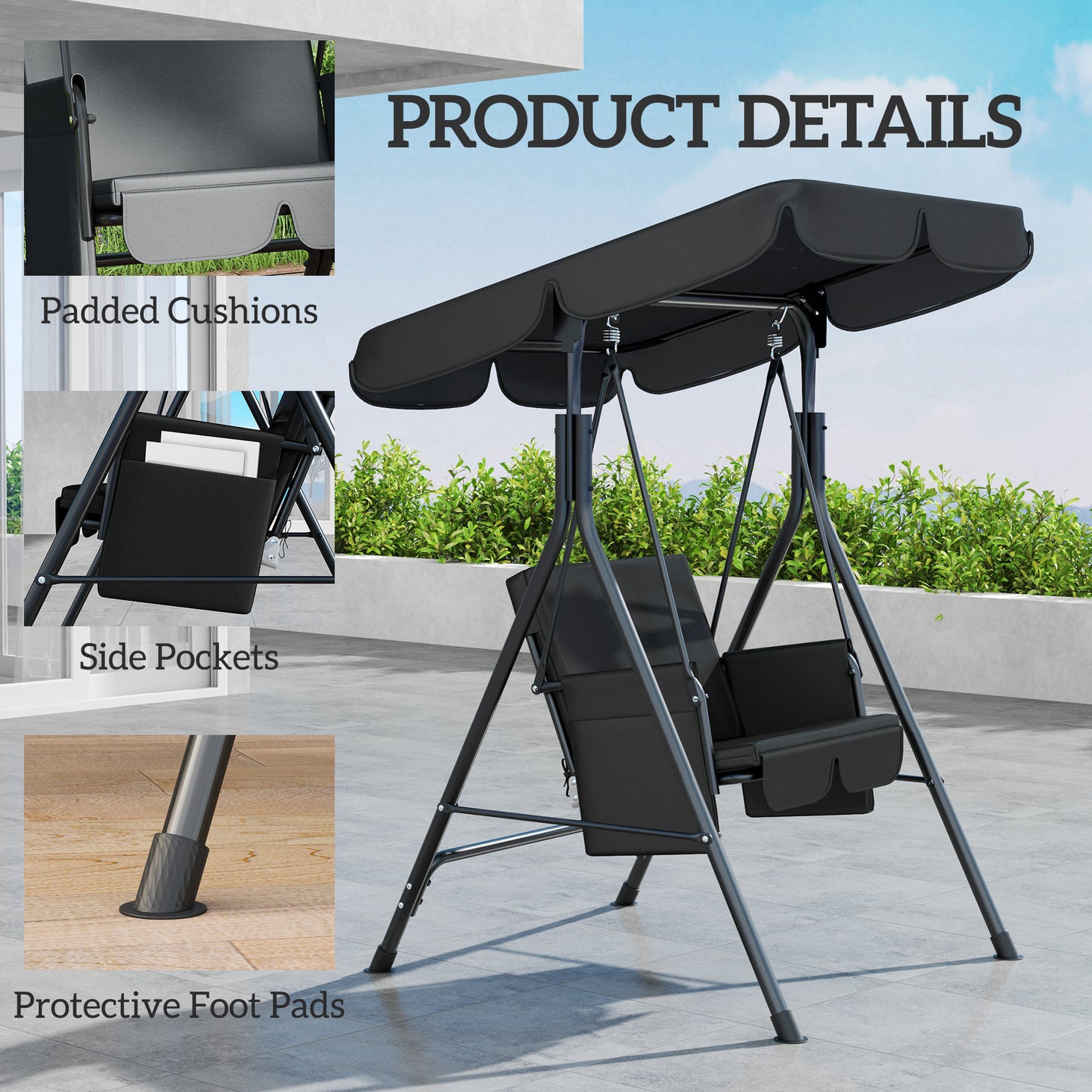 1-Seat Outdoor Porch Swing Patio Swing with Adjustable Canopy, Removable Seat and Back Cushion for Garden, Poolside