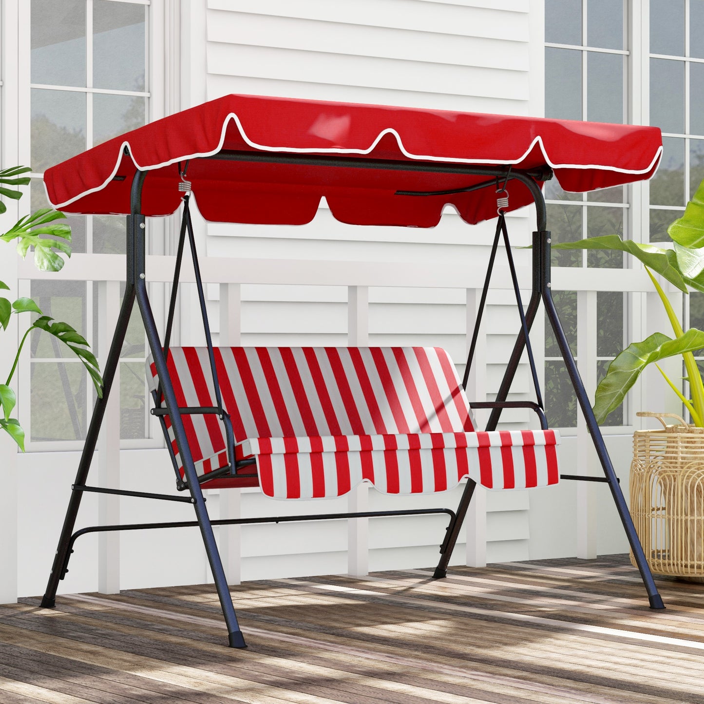 3-Seater Outdoor Porch Swing with Adjustable Canopy, Patio Swing Chair for Garden, Poolside, Backyard, Red Kids Crystal