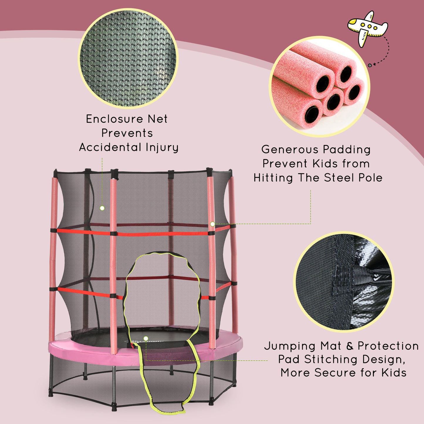 55" Kids Trampoline with Enclosure Net for Indoor/Outdoor, Trampoline for Boys and Girls Age 3-6 Years, Pink Kids Crystal