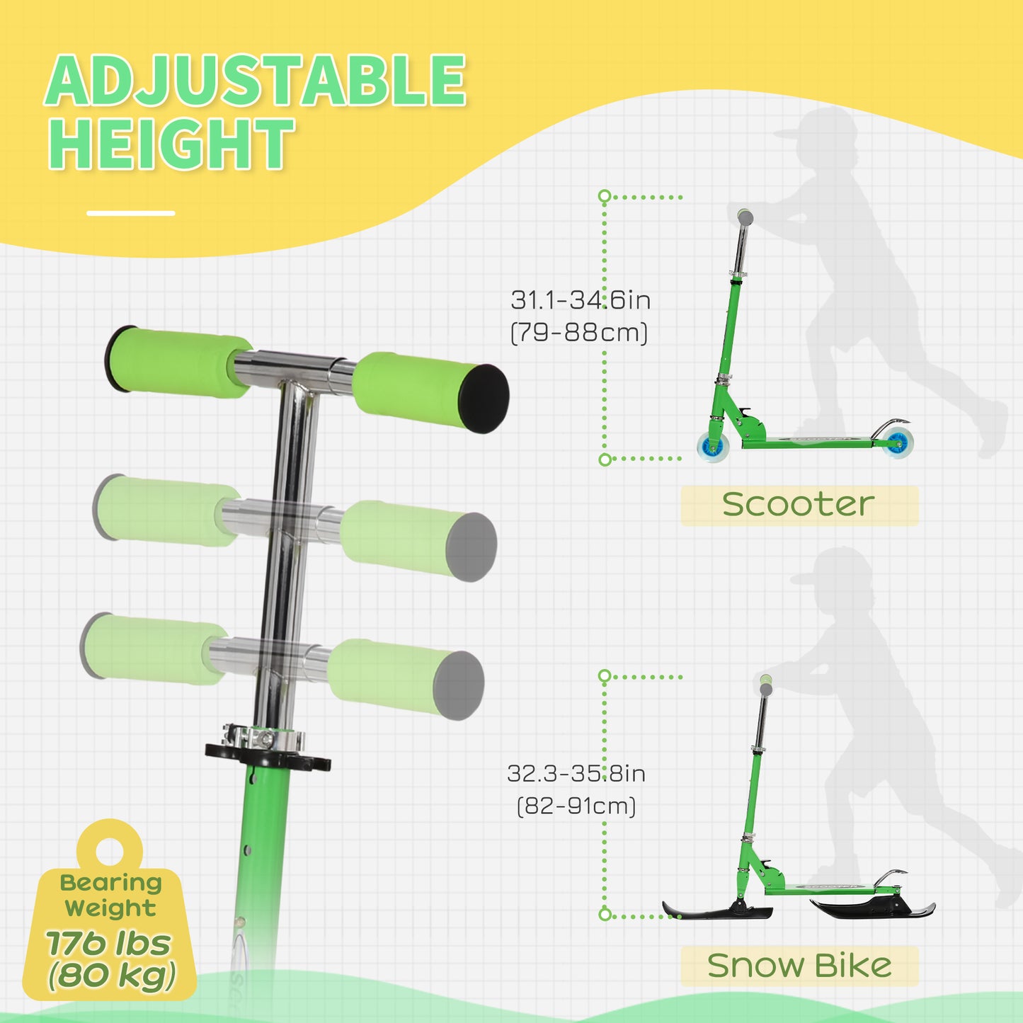 2-in-1 Convertible All-weather Scooter Snow Street Amphibious w/ Wheels Blades Green Kids Crystal