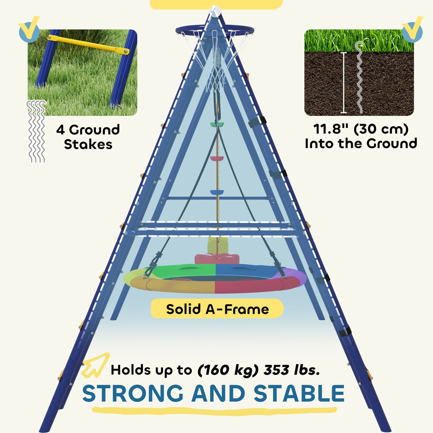 6 in 1 Kids Swing Set with 1 Saucer Swing, 1 Belt Swing, 1 Disc Rope Swing, Climbing Ladder and Net, Basketball Hoop Kids Crystal