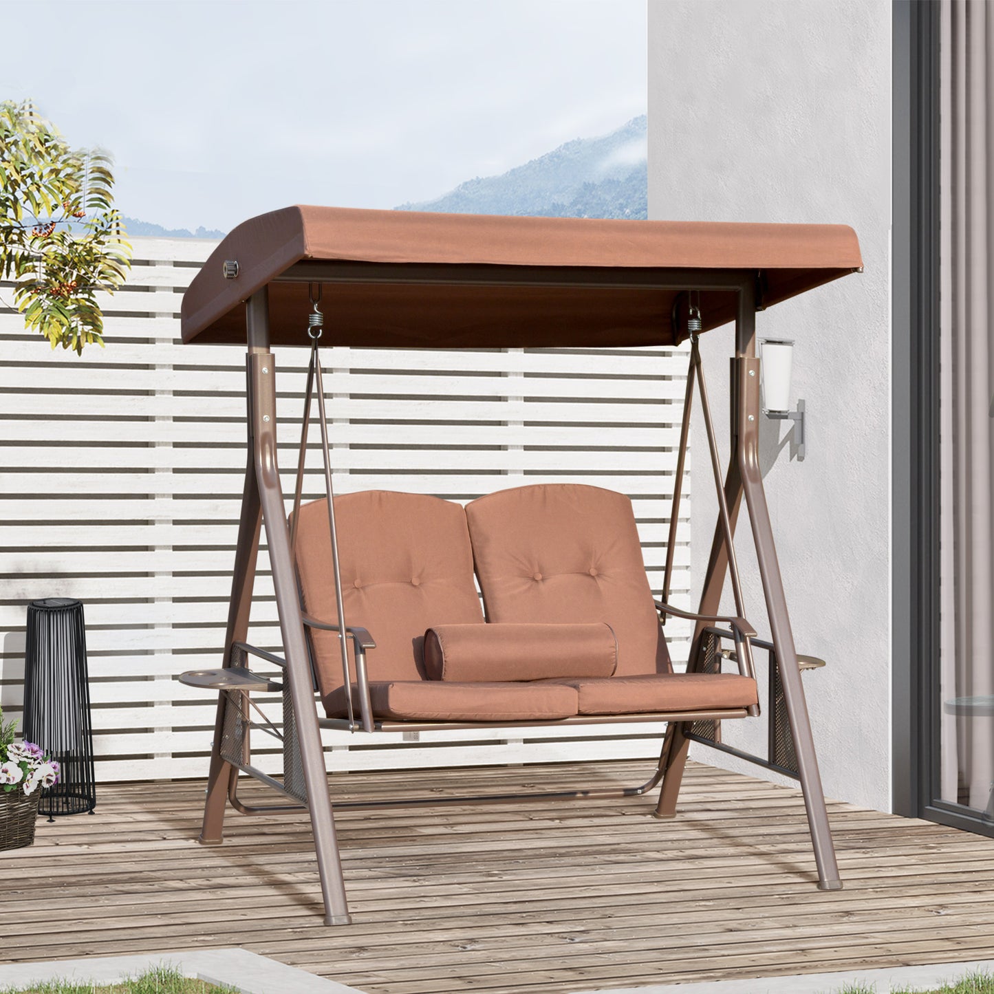 Outdoor 2-Person Patio Swing Chair Canopy Adjustable Shade Cushions Pillow Tray Brown Kids Crystal