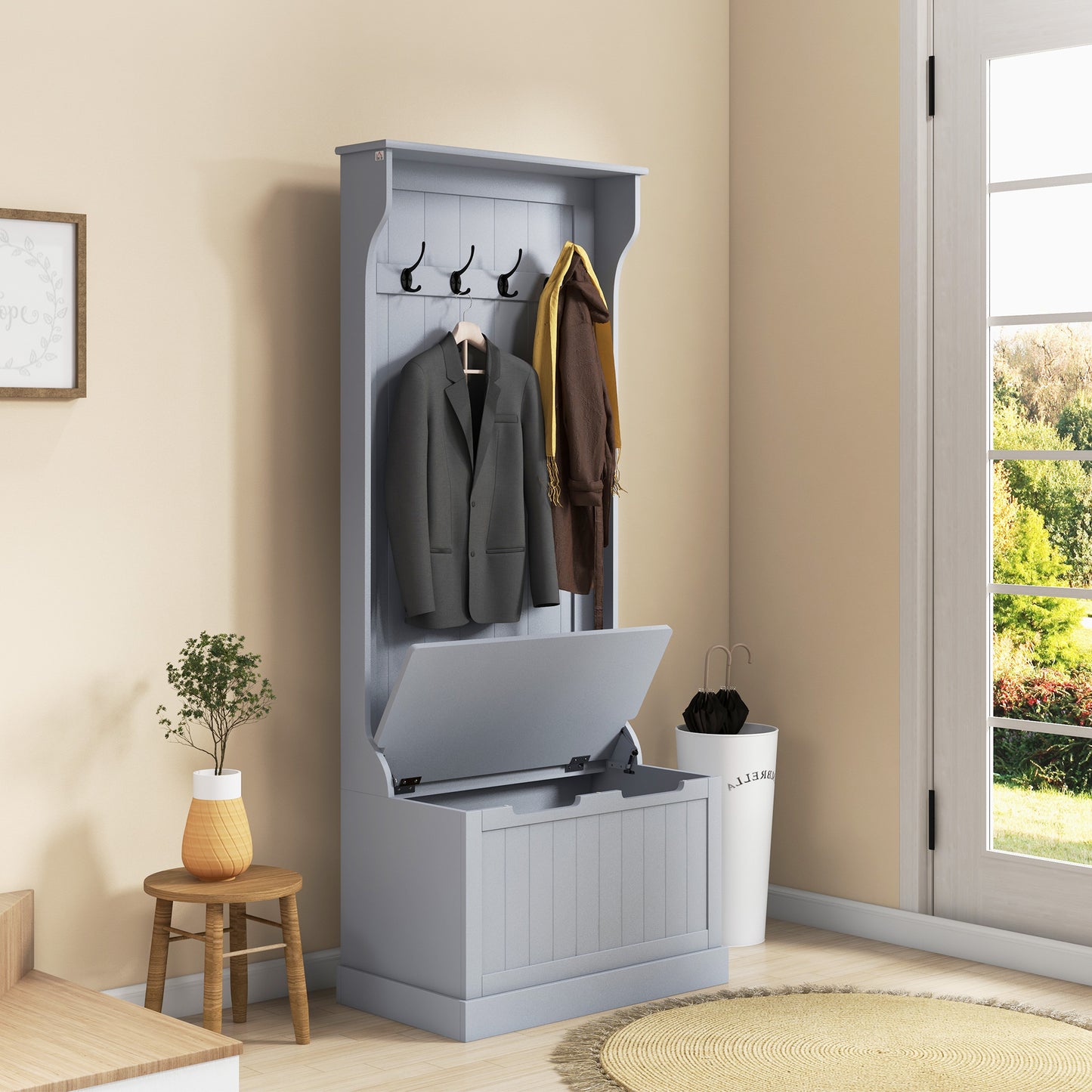 3-In-1 Hall Tree with Coat Rack, Shoe Storage and Bench Seat, Entryway Bench with 4 Hooks for Hallway, Living Room, Grey Kids Crystal