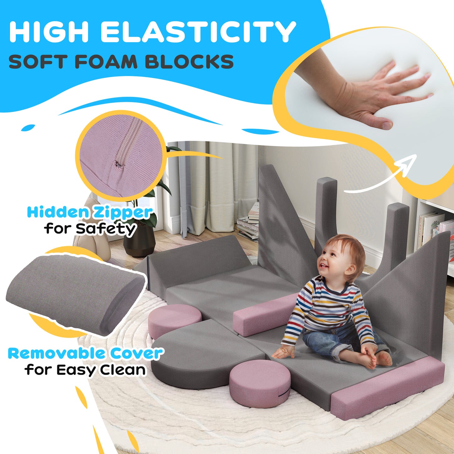 12-Piece Modular Kids Play Couch Building Fort for Playroom Bedroom, Convertible Kids Sofa, Grey Kids Crystal