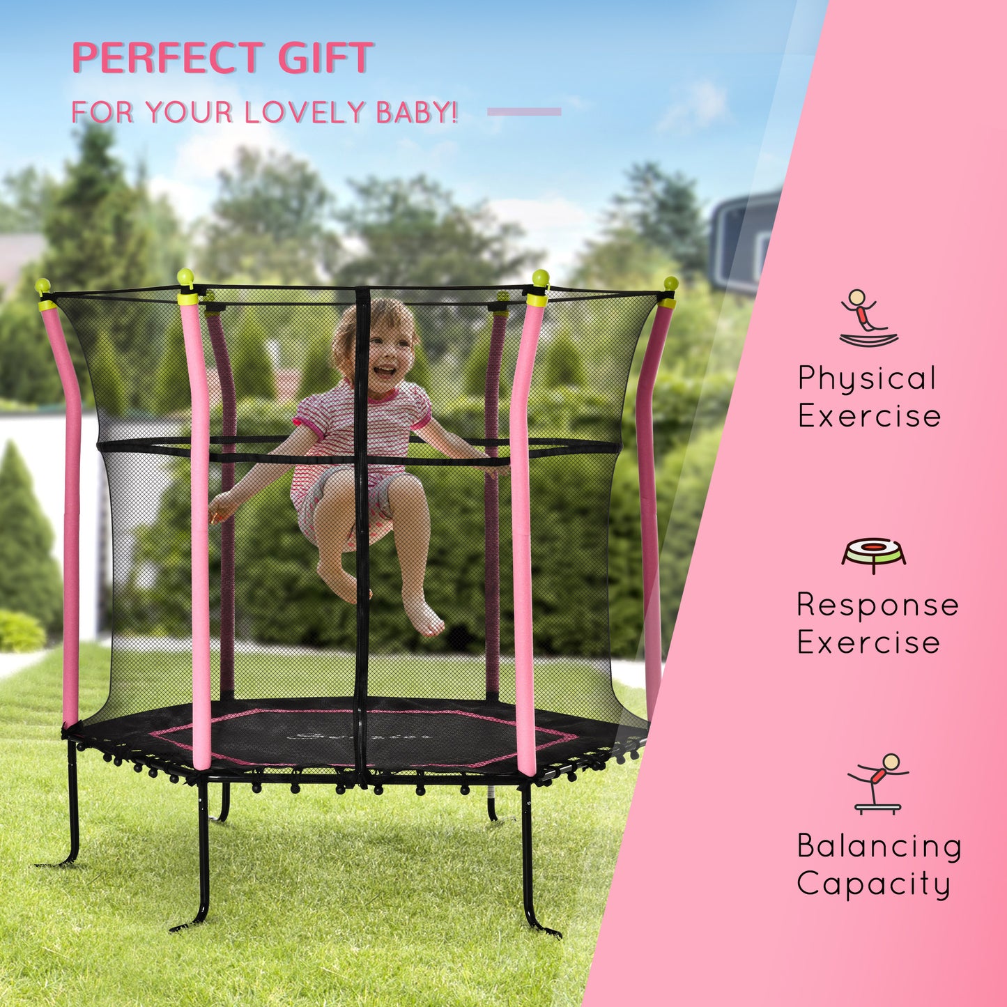 63" Kids Trampoline Mini Indoor/Outdoor Bouncer Jumper Enclosure Net Elastic Padded Pole Gift Pink 3-10 Years Kids Crystal