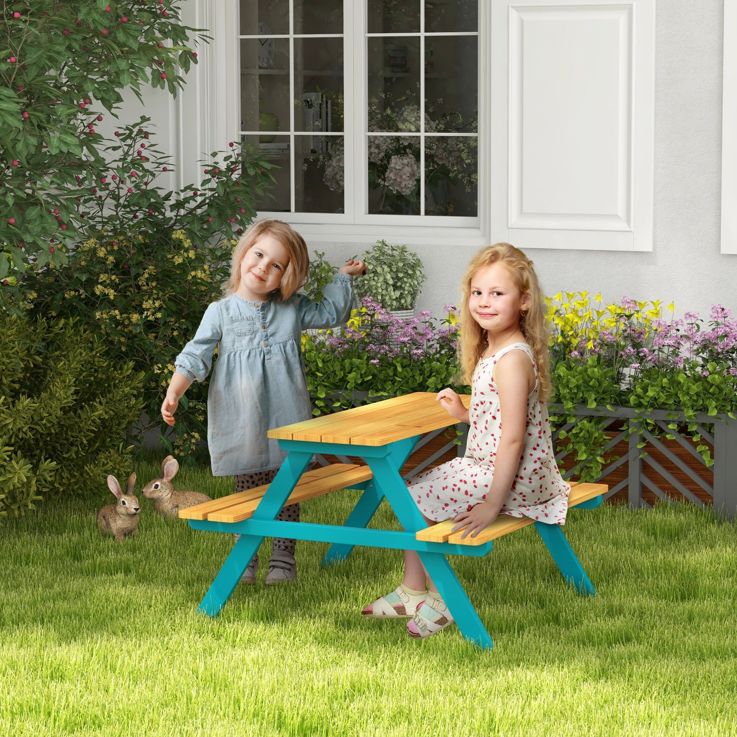 Kids Outdoor Table Set Wooden Toddler Picnic Table Benches 4 Kids 3-8 Years Natural Wood Kids Crystal