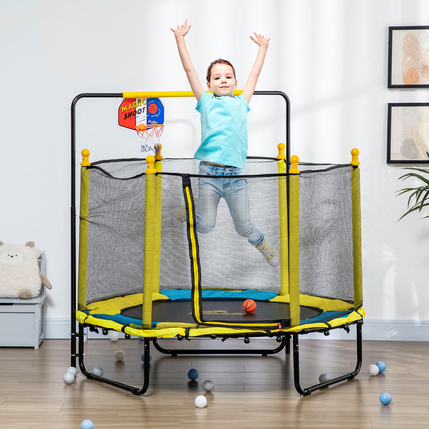 4.6ft Kids Trampoline with Basketball Hoop, Horizontal Bar with Net for Children Ages 3-10, Yellow Kids Crystal